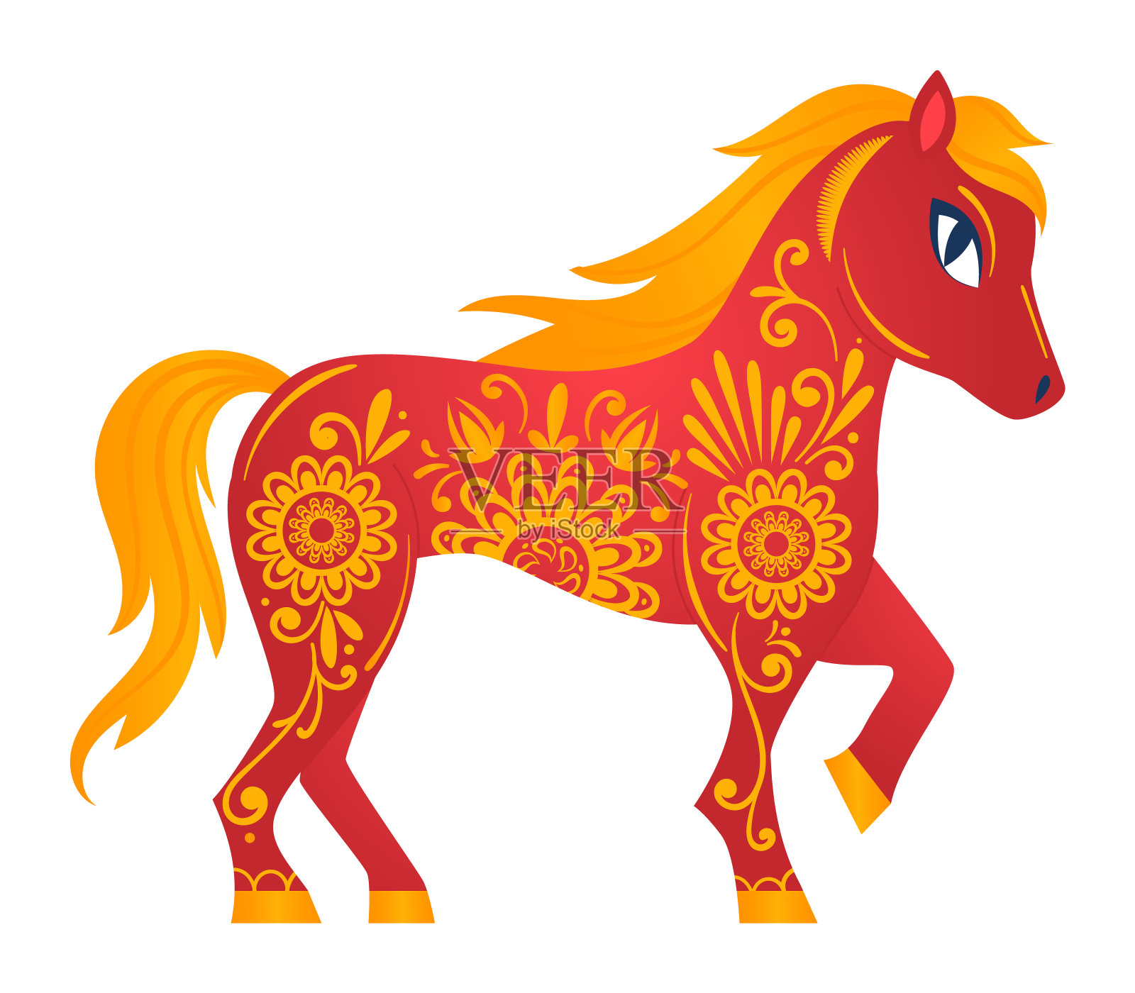 程式化的装饰马站跳跃的橙色鬃毛复杂的花卉图案。鲜红色体插画图片素材