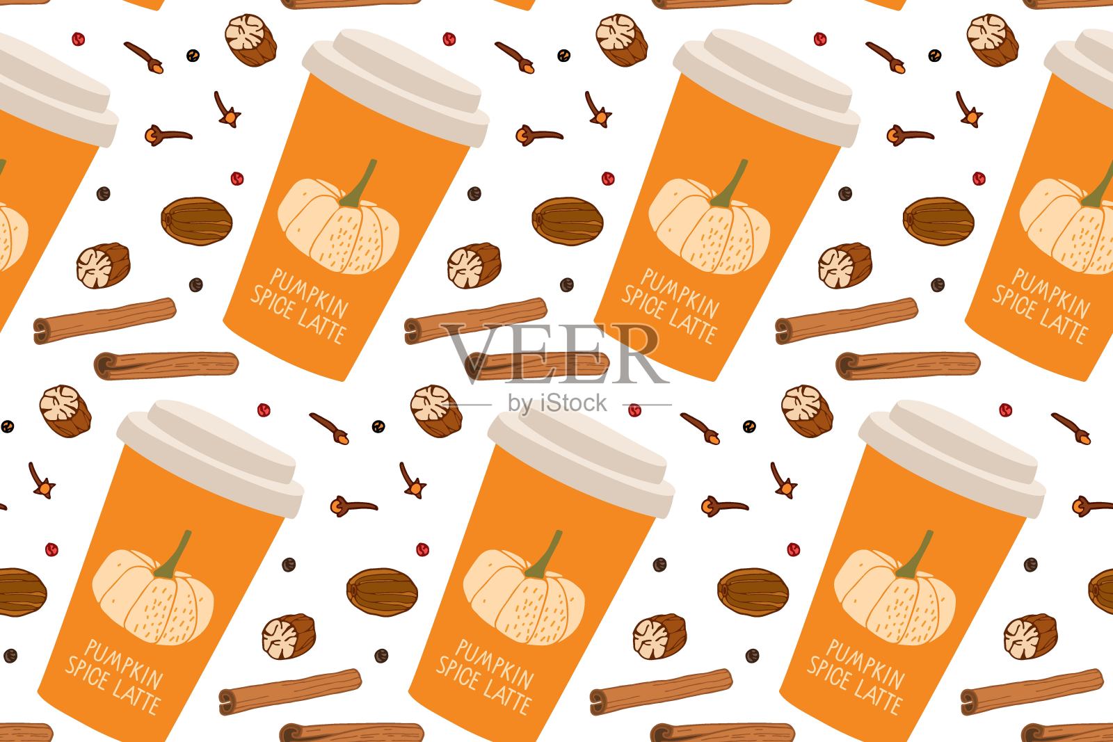 无缝图案南瓜香料拿铁在外卖杯和香料饮料。秋季季节性热饮。秋季插图与咖啡去马克杯菜单，农贸市场，素食食谱，壁纸插画图片素材