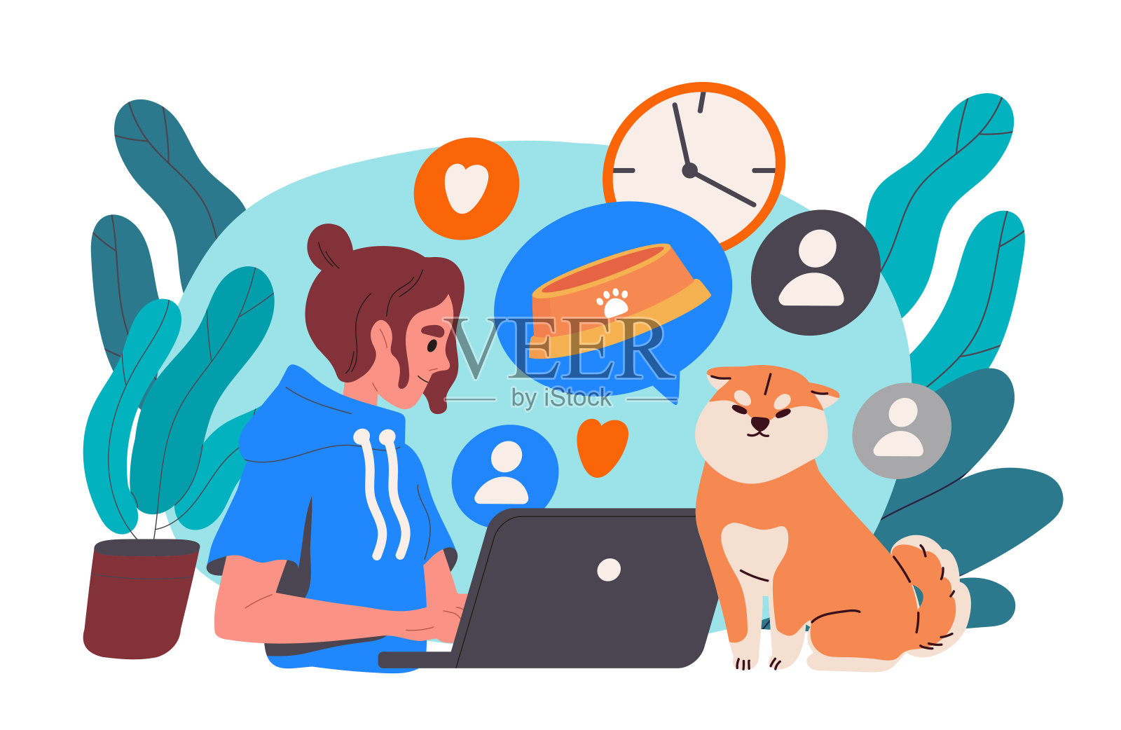 带着饿狗的女人。主人自由地与宠物一起工作。小女孩忘了给她的小狗喂食。不负责任的主人。卡通平面矢量插图插画图片素材