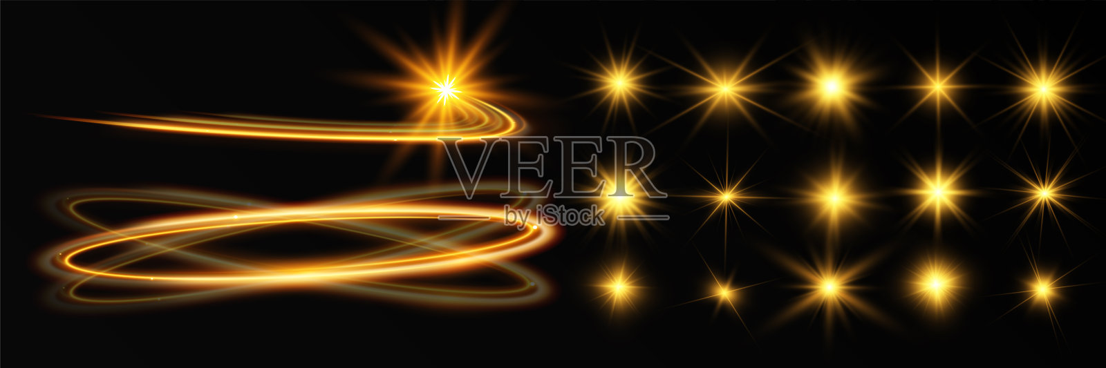 光波闪闪发光的金线。金色发光的设计元素。波浪状明亮条纹。插画图片素材