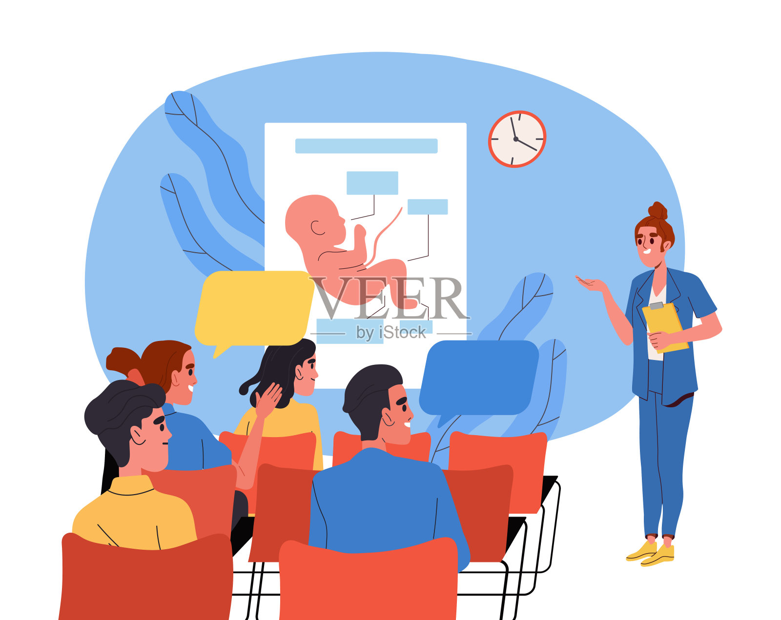 婴儿发育研究。男女坐在医生办公室讲课。胚胎的解剖学和生物学。母亲和分娩。卡通平面矢量插图插画图片素材