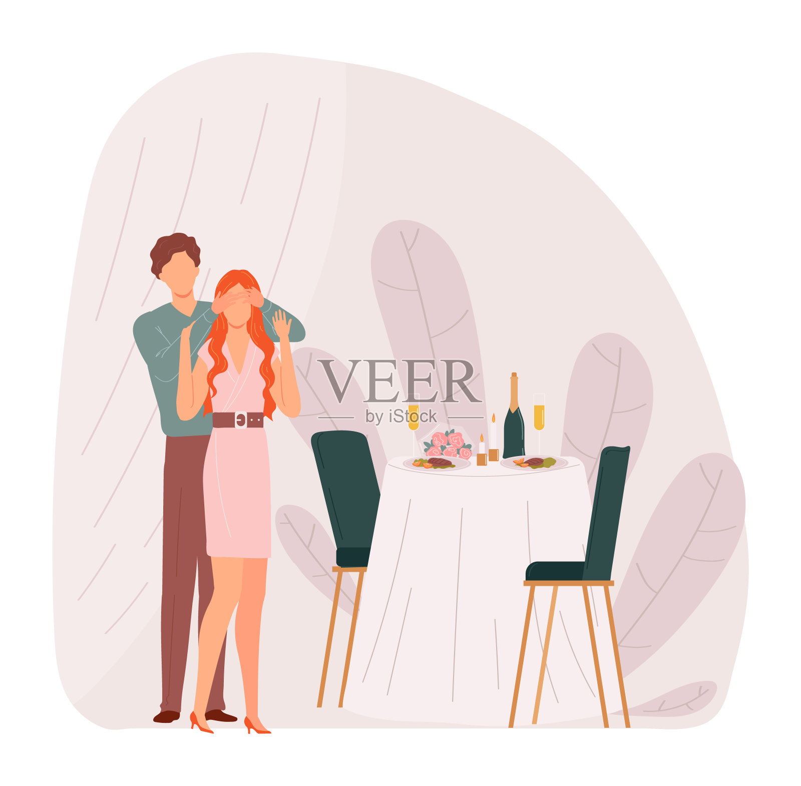 男人捂住眼睛让女人惊喜，浪漫的晚餐约会。夫妇庆祝特殊场合插画图片素材