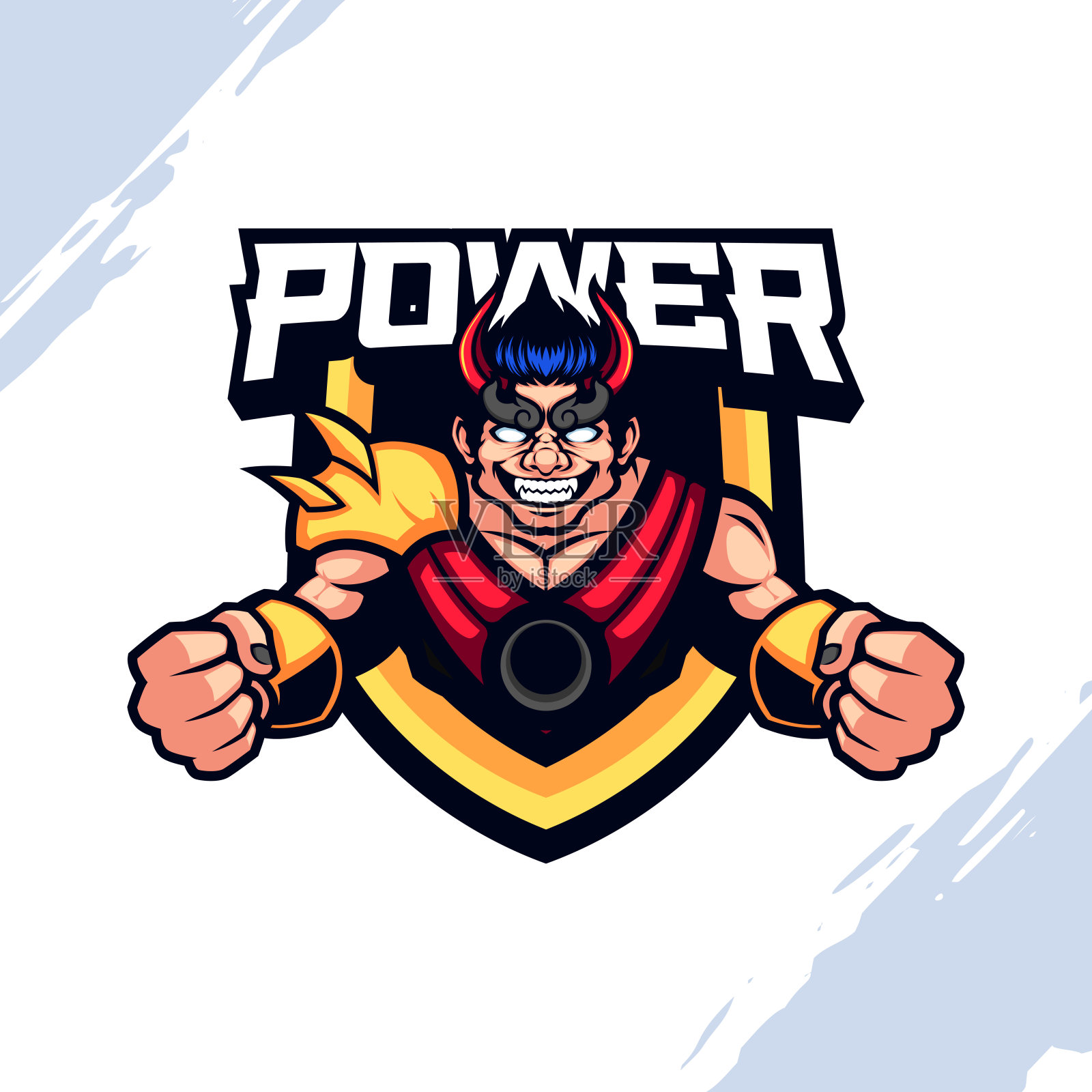 穿着金色盔甲的肌肉发达的红角人插画图片素材