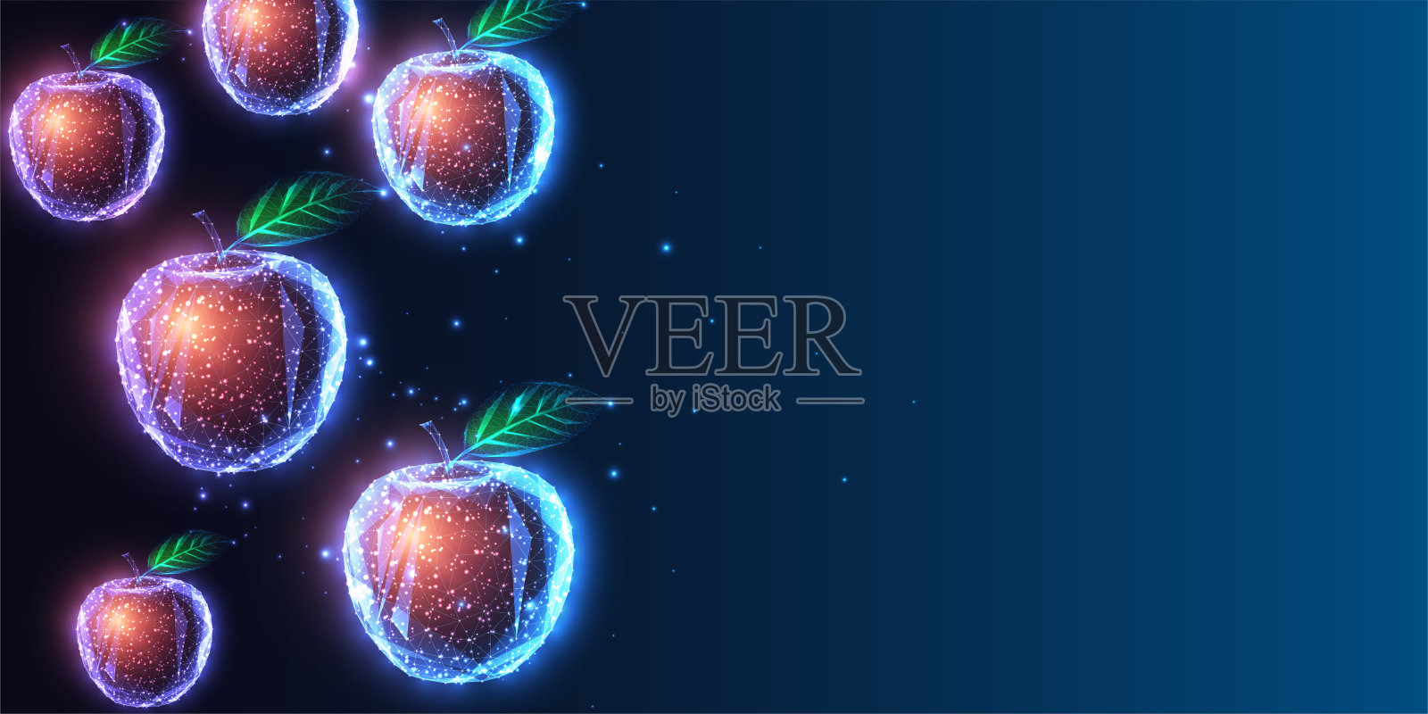 未来的横幅与多个发光的苹果和空间的文字在深蓝色的背景插画图片素材