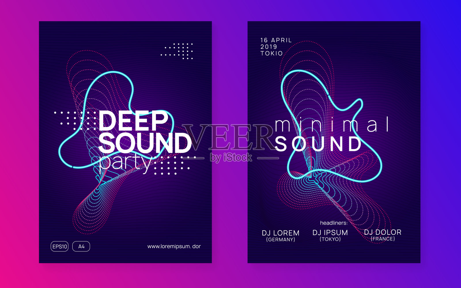 党旗帜。迷幻电台邀请。音乐音乐会模板。紫罗兰舞杂志。节日邀请。蓝色Dj海报。夜总会套装。绿党旗帜插画图片素材