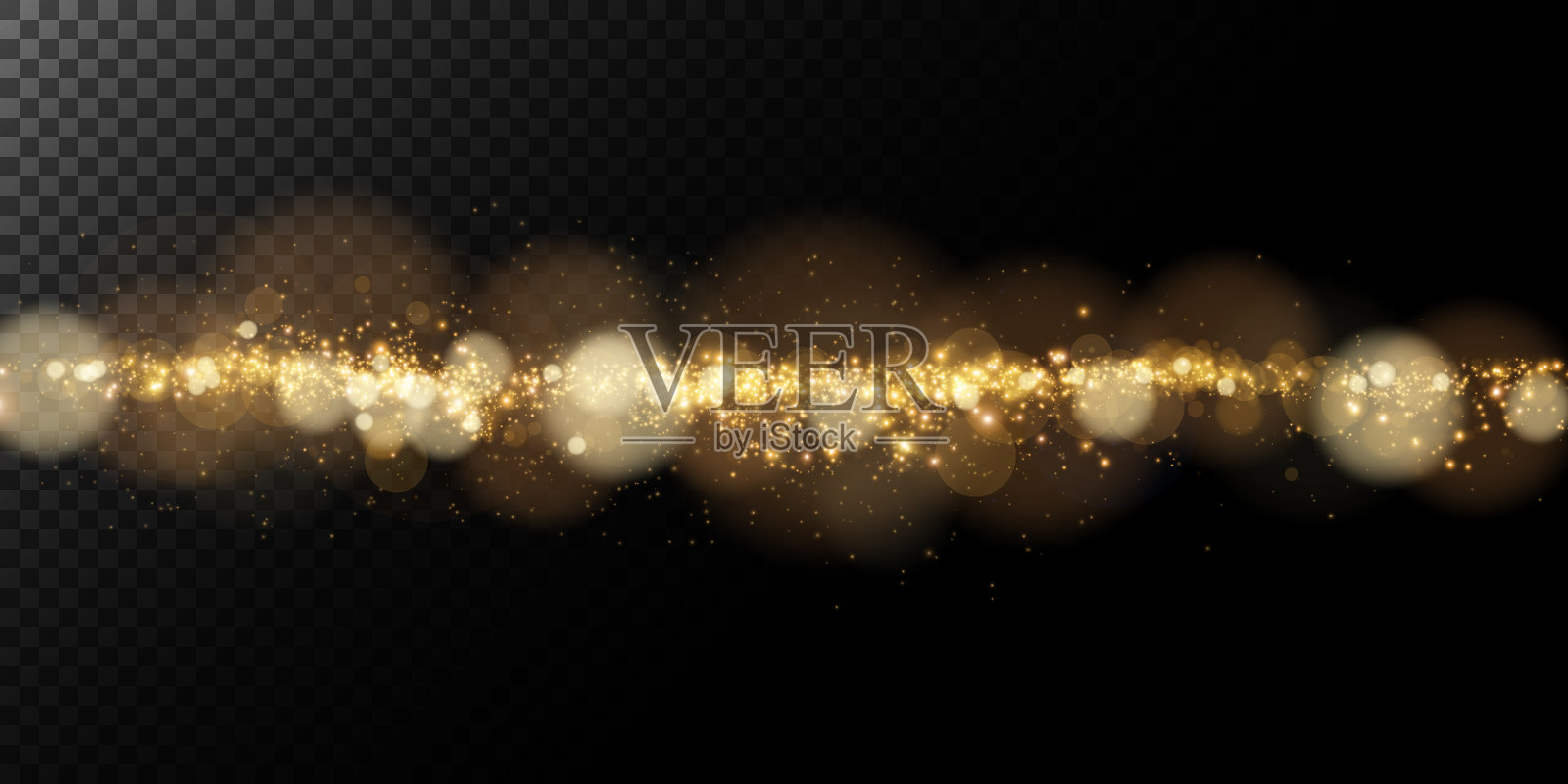一个发光的散景，轻轻闪烁着金色的光。光抽象发光的光。发光散景效果孤立在黑暗的背景。由发光的灰尘做成的圣诞背景。插画图片素材