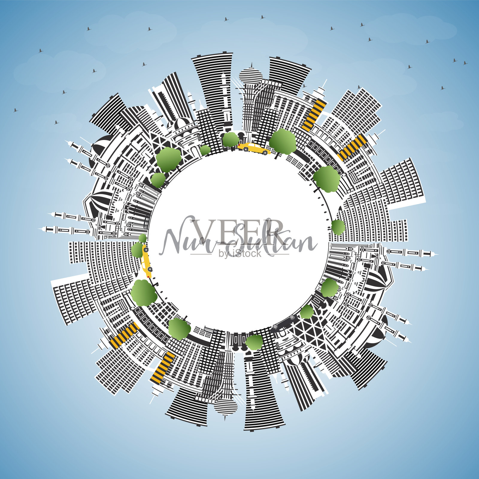 努尔苏丹哈萨克斯坦城市天际线与彩色建筑，蓝天和复制空间。努尔苏丹城市景观与地标。概念与现代建筑。插画图片素材