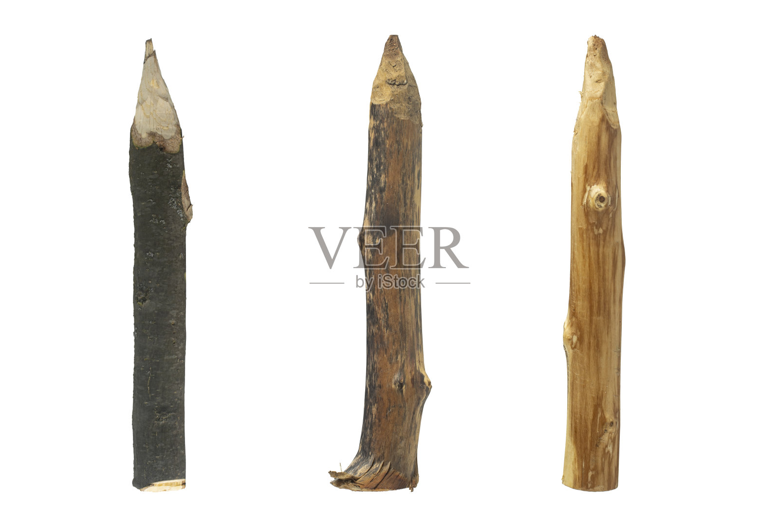 白色背景上孤立的木桩。照片摄影图片