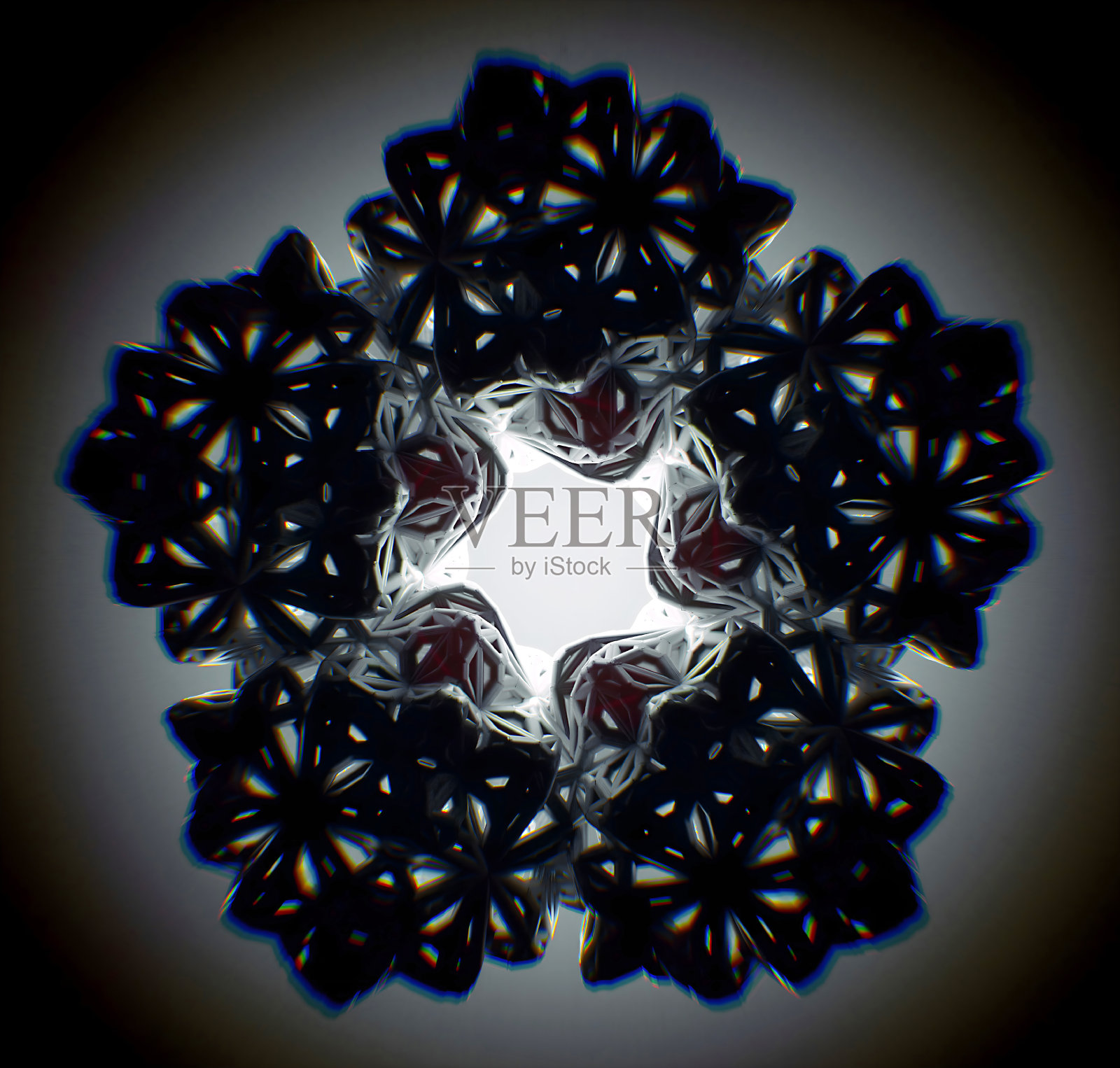 超现实黑暗神秘分形星对称异形曼陀罗花的变形过程抽象艺术三维渲染，基于背后有发光光束的金属网结构照片摄影图片