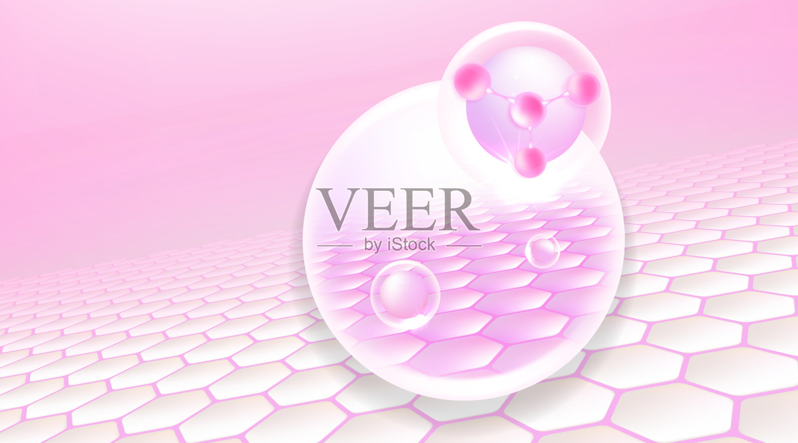 透明质酸和烟酰胺头发和皮肤的解决方案广告，粉红色胶原蛋白血清滴入皮肤细胞与化妆品广告背景准备使用，插图矢量。插画图片素材