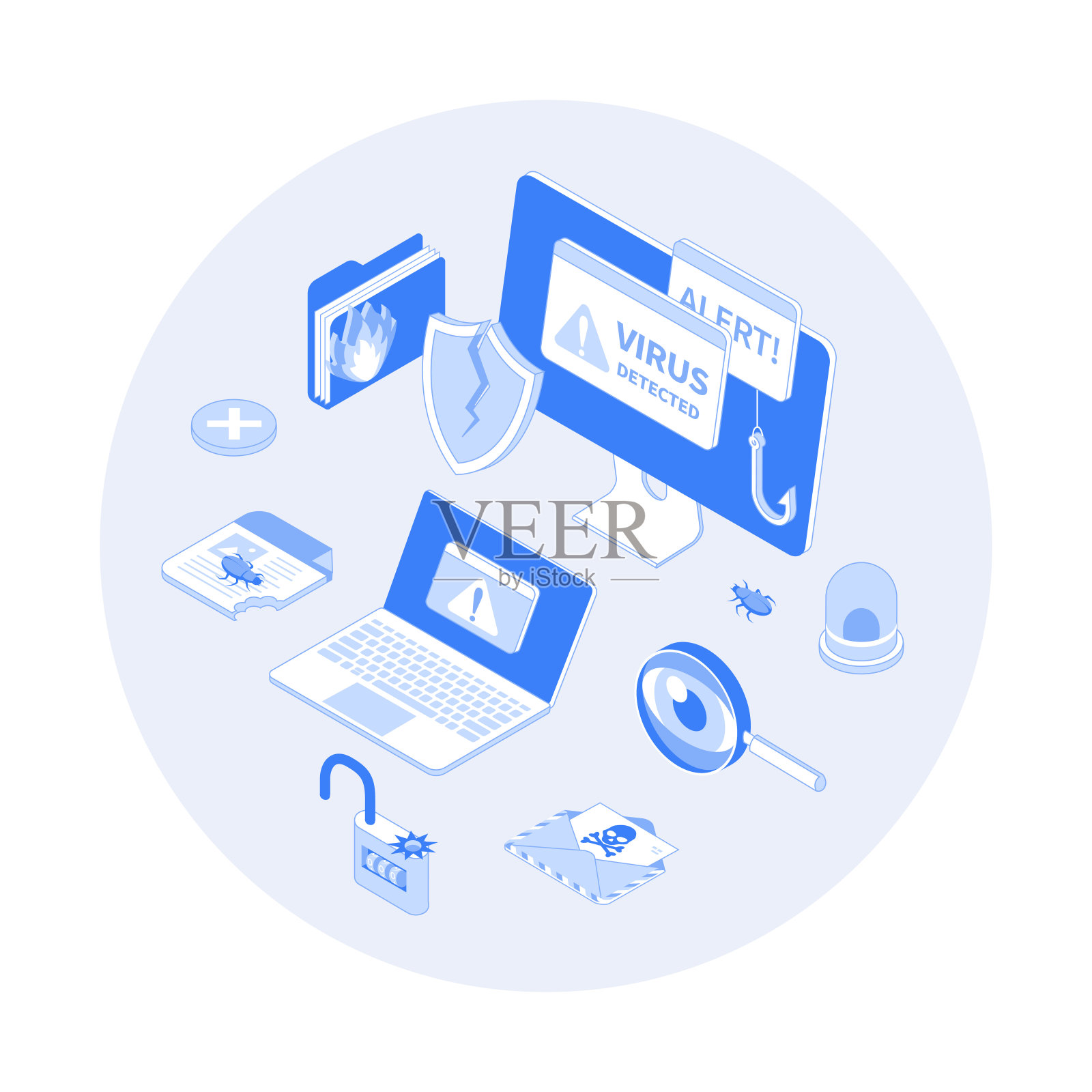 电脑病毒。检测到的错误，警报信息，bug，打开的锁，受感染的文件，损坏的屏蔽。带有警报信息的监视器和笔记本电脑。矢量轮廓插图与等距场景为网络图形插画图片素材