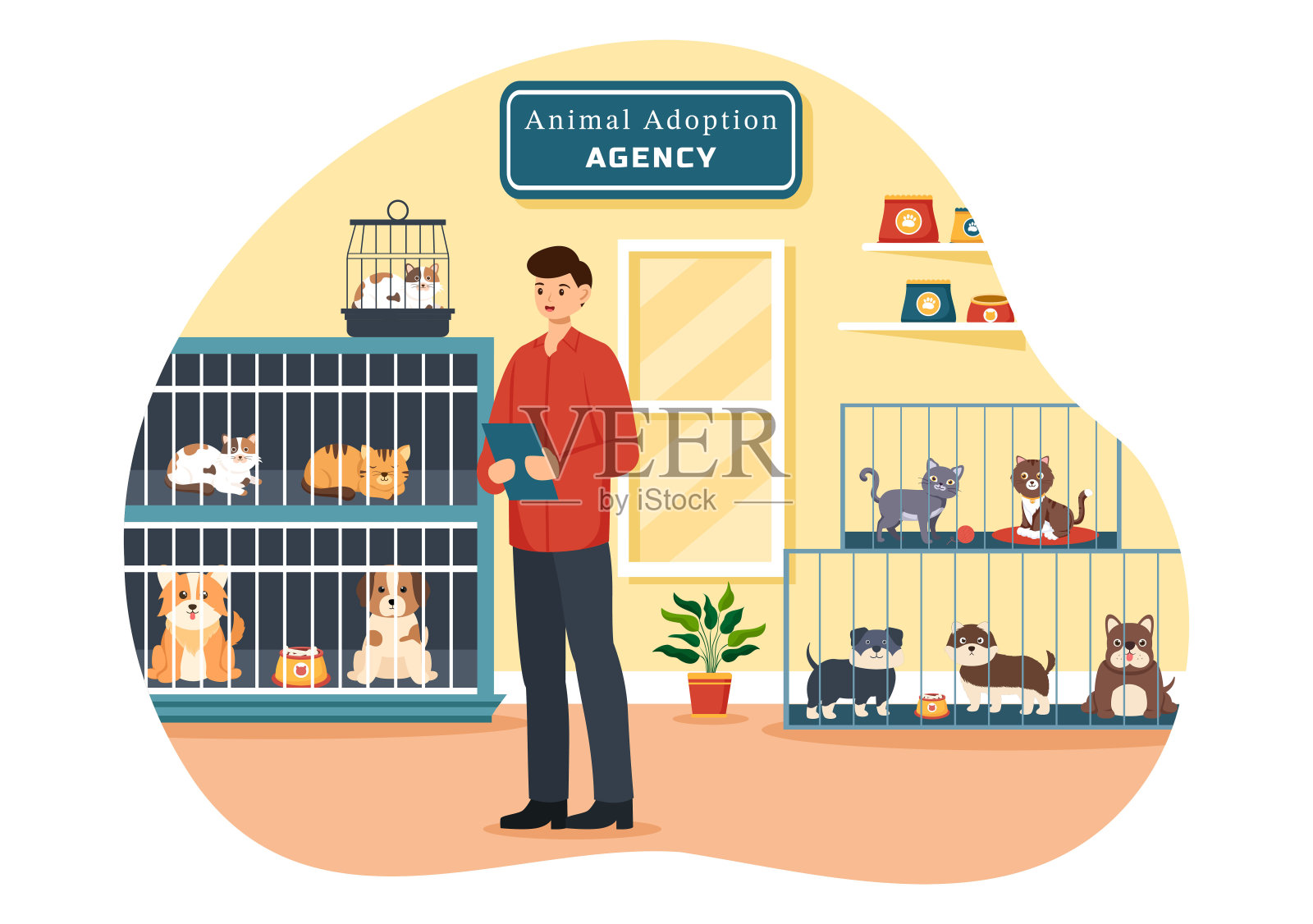 一个动物收养机构的矢量插图，在平坦的卡通背景下，从一个动物收容所收养一只猫和狗插画图片素材