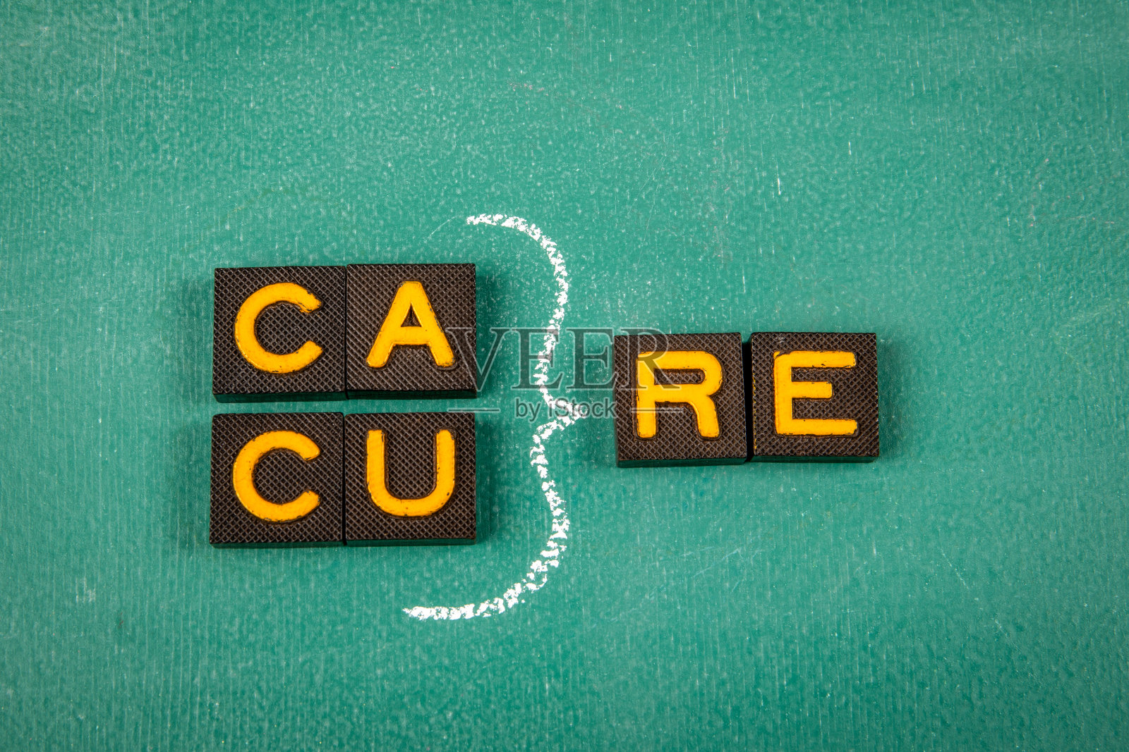 护理和治疗概念。绿色黑板背景上的旧字母瓦片照片摄影图片