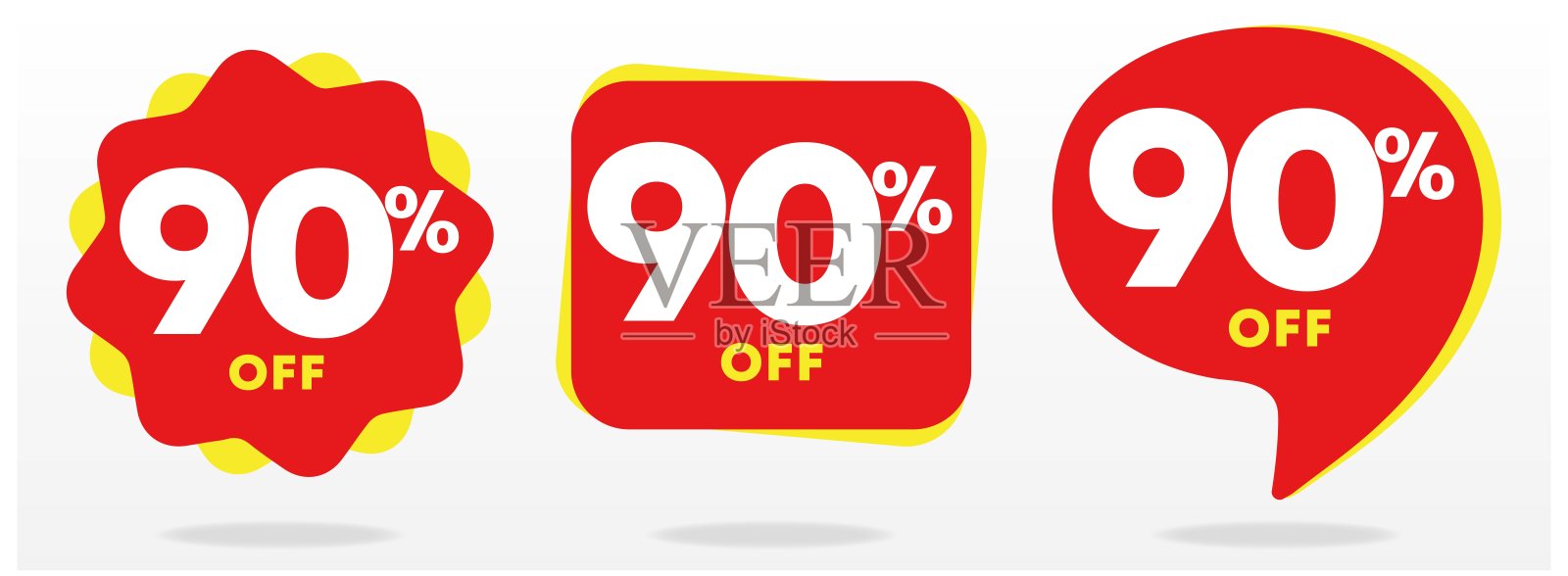 打90%。优惠价格，物有所值。特价标签，贴纸。广告红色，黄色，商业。活动商店，销售，零售，商店。集合，矢量，图标。插画图片素材