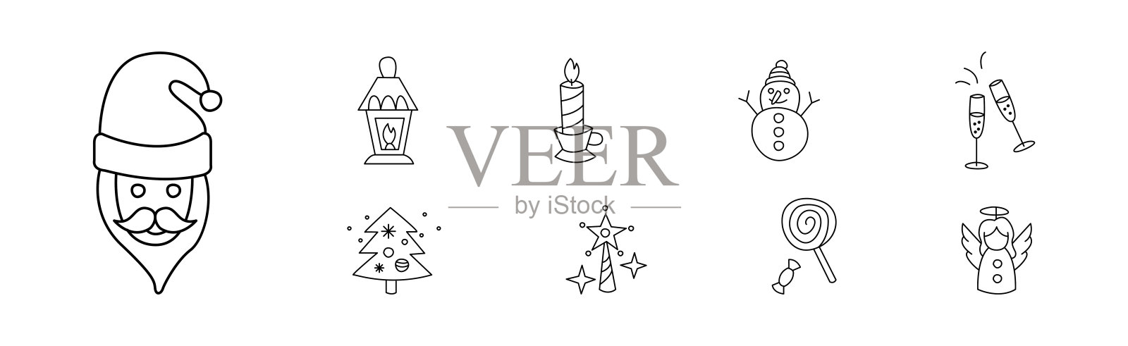 圣诞涂鸦符号和对象与圣诞老人，灯笼，蜡烛，雪人，冷杉树和糖果矢量集插画图片素材