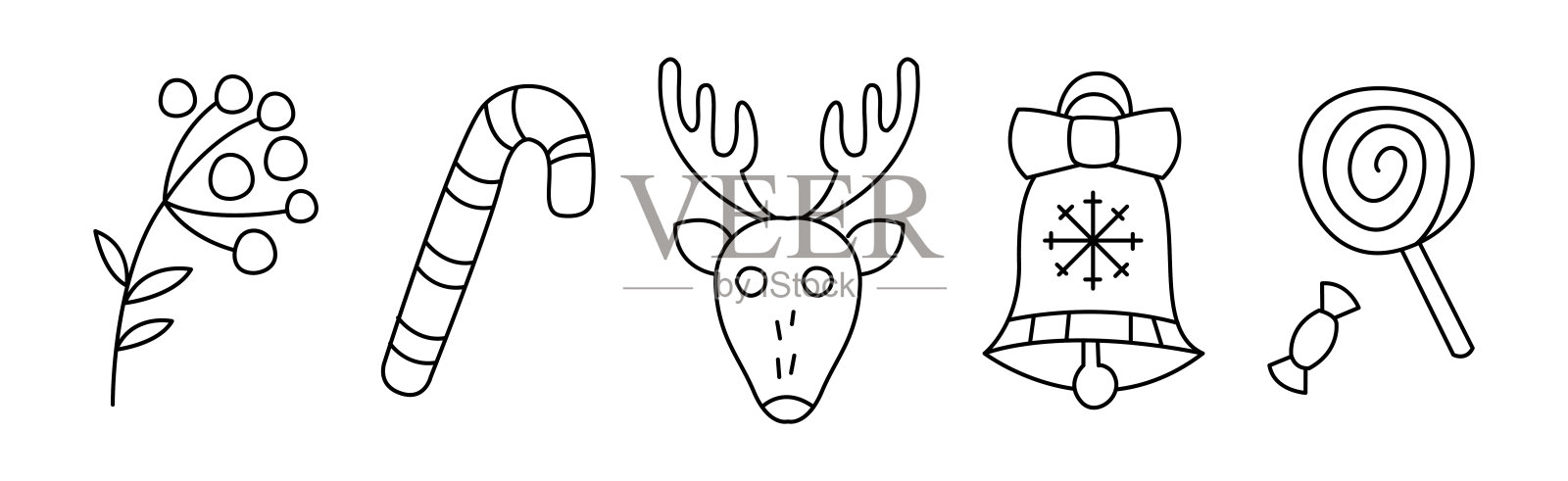 圣诞涂鸦符号和对象与鹿，糖果和钟矢量集插画图片素材