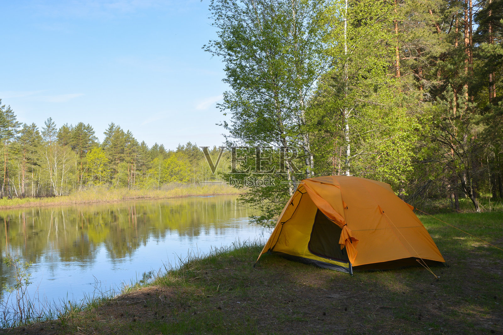 森林河岸边的黄色帐篷。照片摄影图片