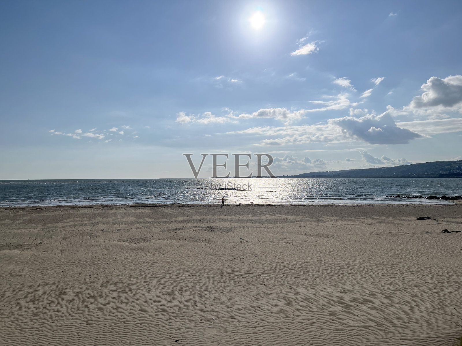 海滨遛狗者的剪影照片摄影图片