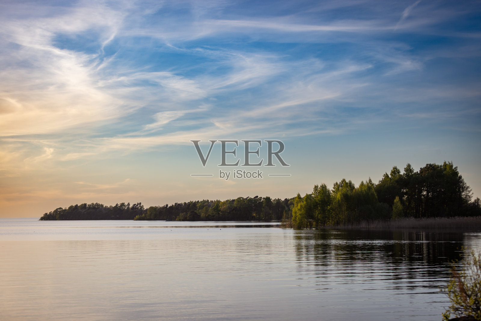 日落时瑞典乡村的湖景。照片摄影图片