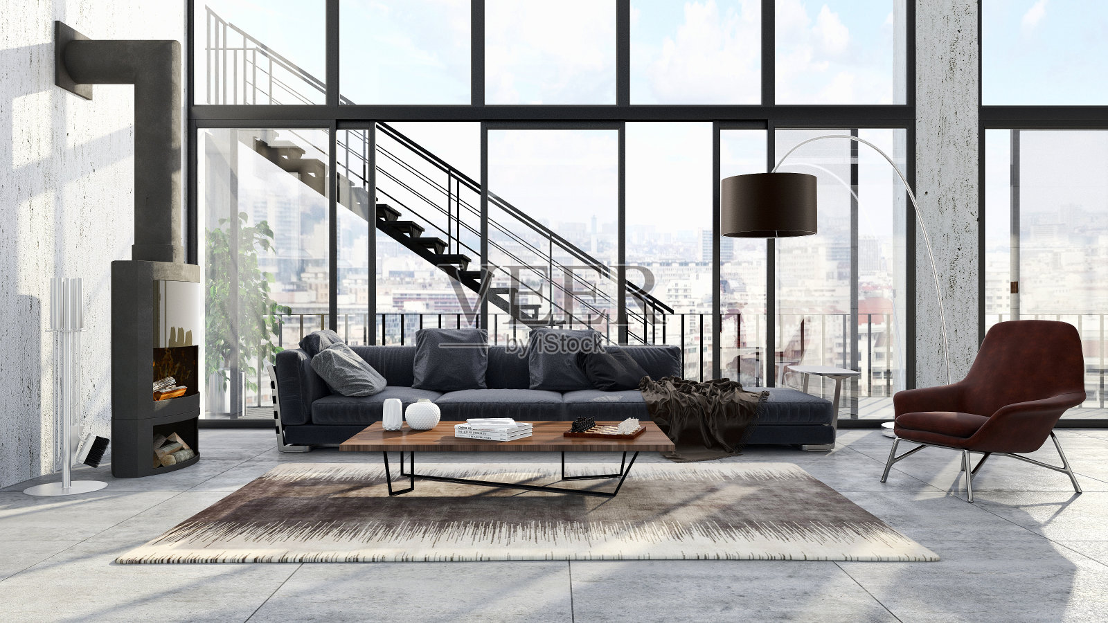 现代明亮的室内空间3D渲染插图照片摄影图片