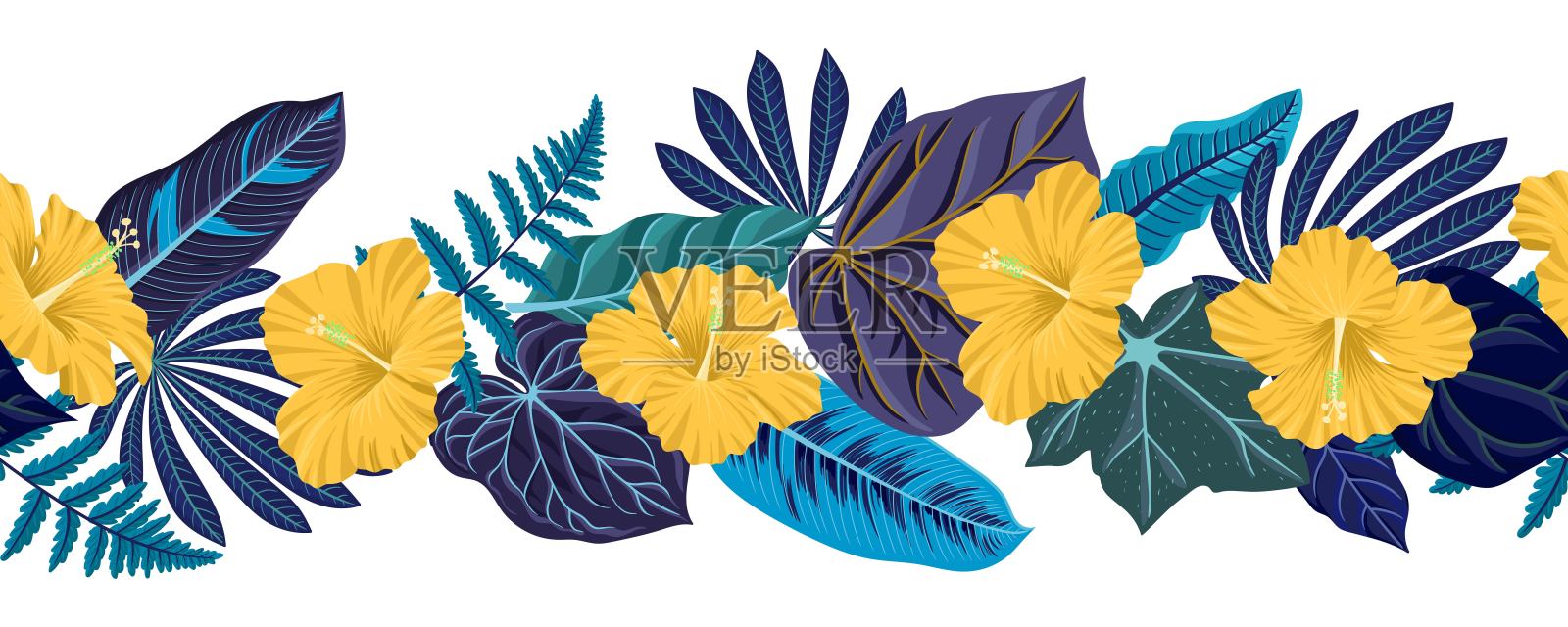 矢量绘制热带花卉和树叶插画图片素材