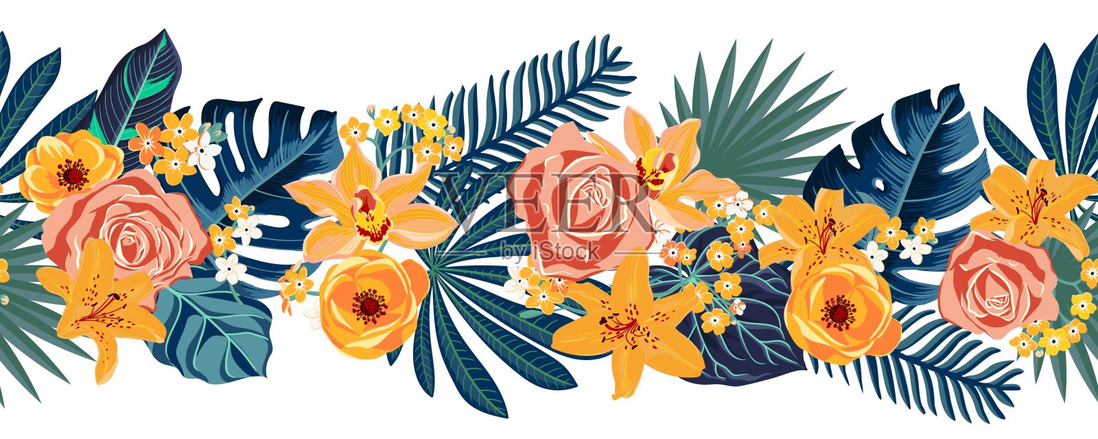 矢量绘制热带花卉和树叶插画图片素材