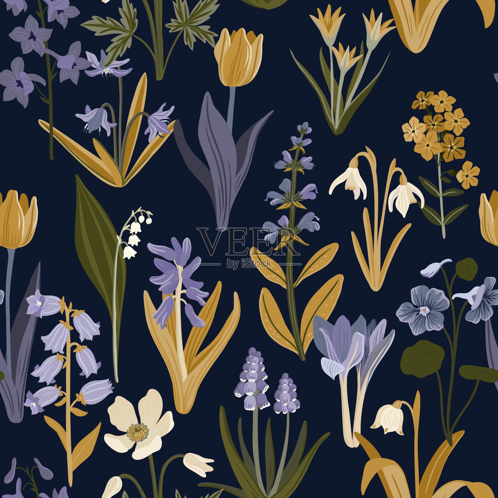 矢量无缝图案与花插画图片素材