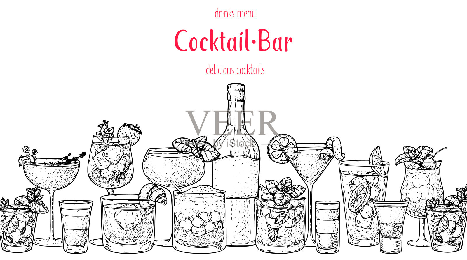 酒精鸡尾酒架。手绘矢量插图。鸡尾酒小品集。雕刻风格。插画图片素材