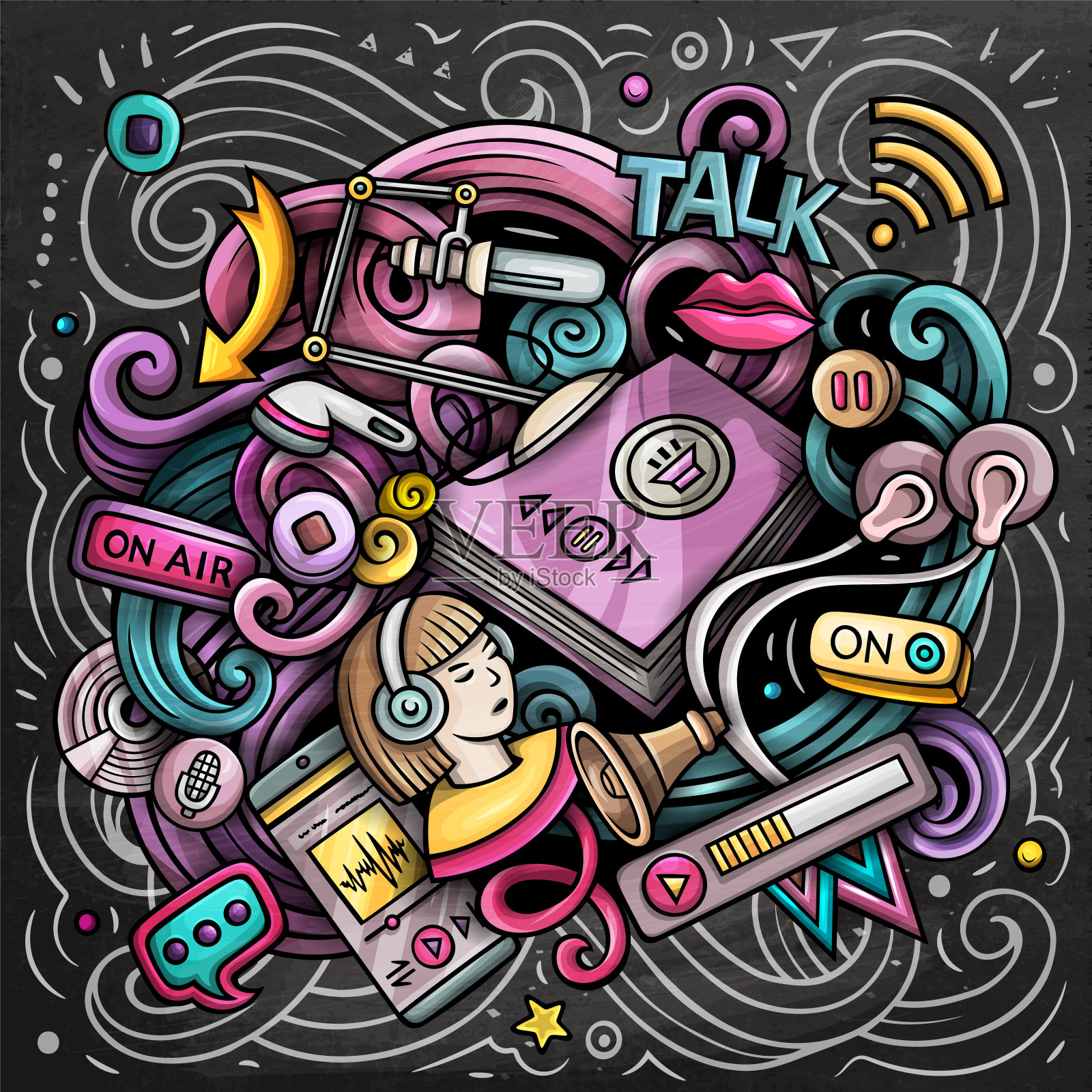 音频内容卡通涂鸦插图。有趣的设计。插画图片素材