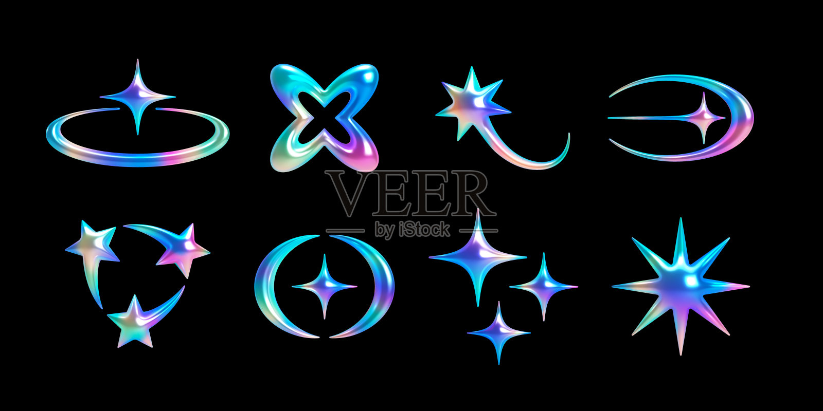 3d y2k形状-星，彗星，火花，新月。全息镀铬物体与闪亮的彩虹表面的科幻设计插画图片素材