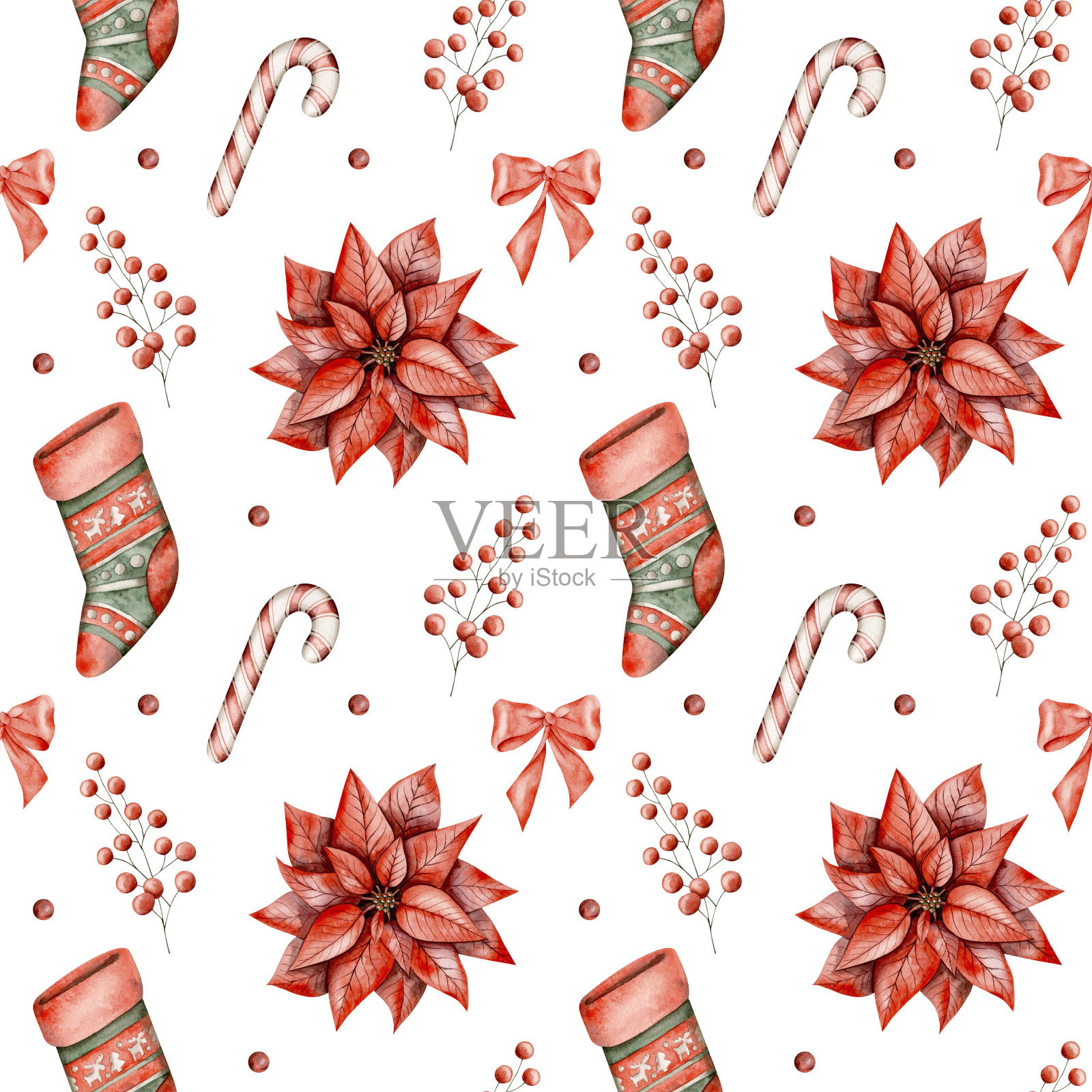 新年圣诞手绘水彩无缝图案与圣诞袜，焦糖手杖，一品红，红色蝴蝶结和树枝与浆果插画图片素材