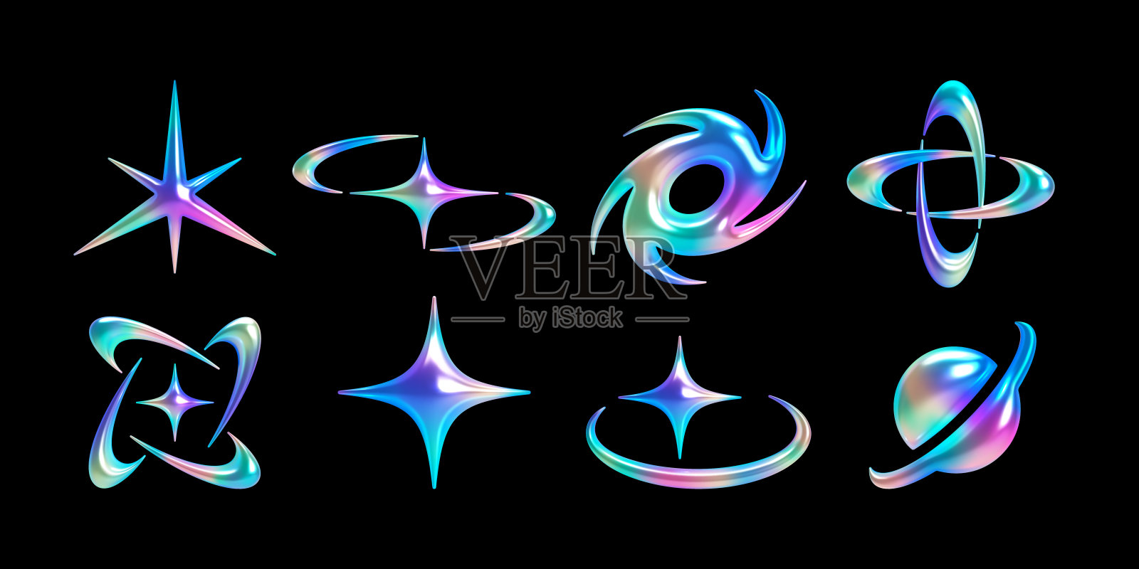 3d全息彩虹形状的y2k风格-镀铬闪亮的光泽的星星，火花，星系的科幻设计插画图片素材