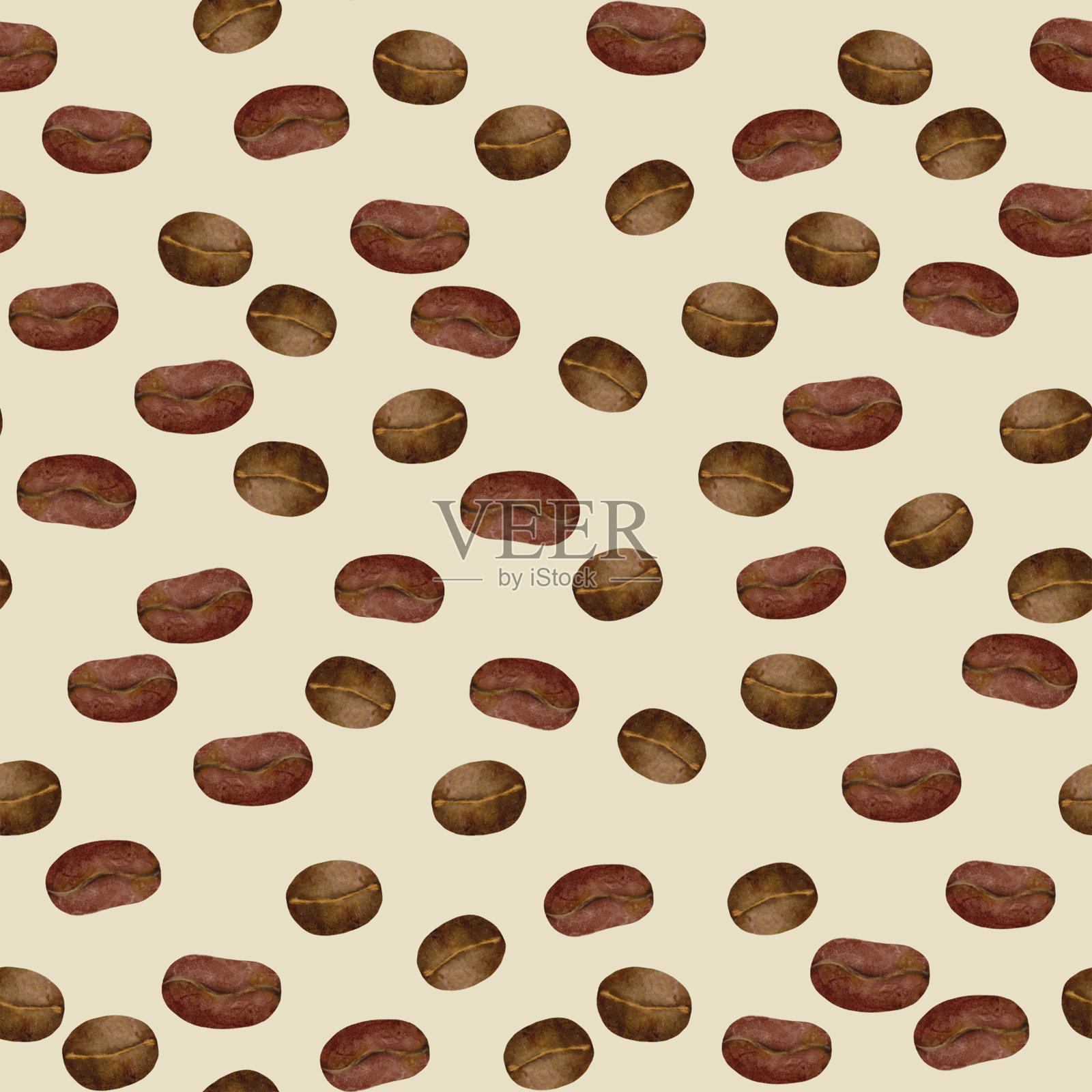 一个无缝的咖啡豆图案设计在浅米色的背景下，一个有凝聚力的外观插画图片素材
