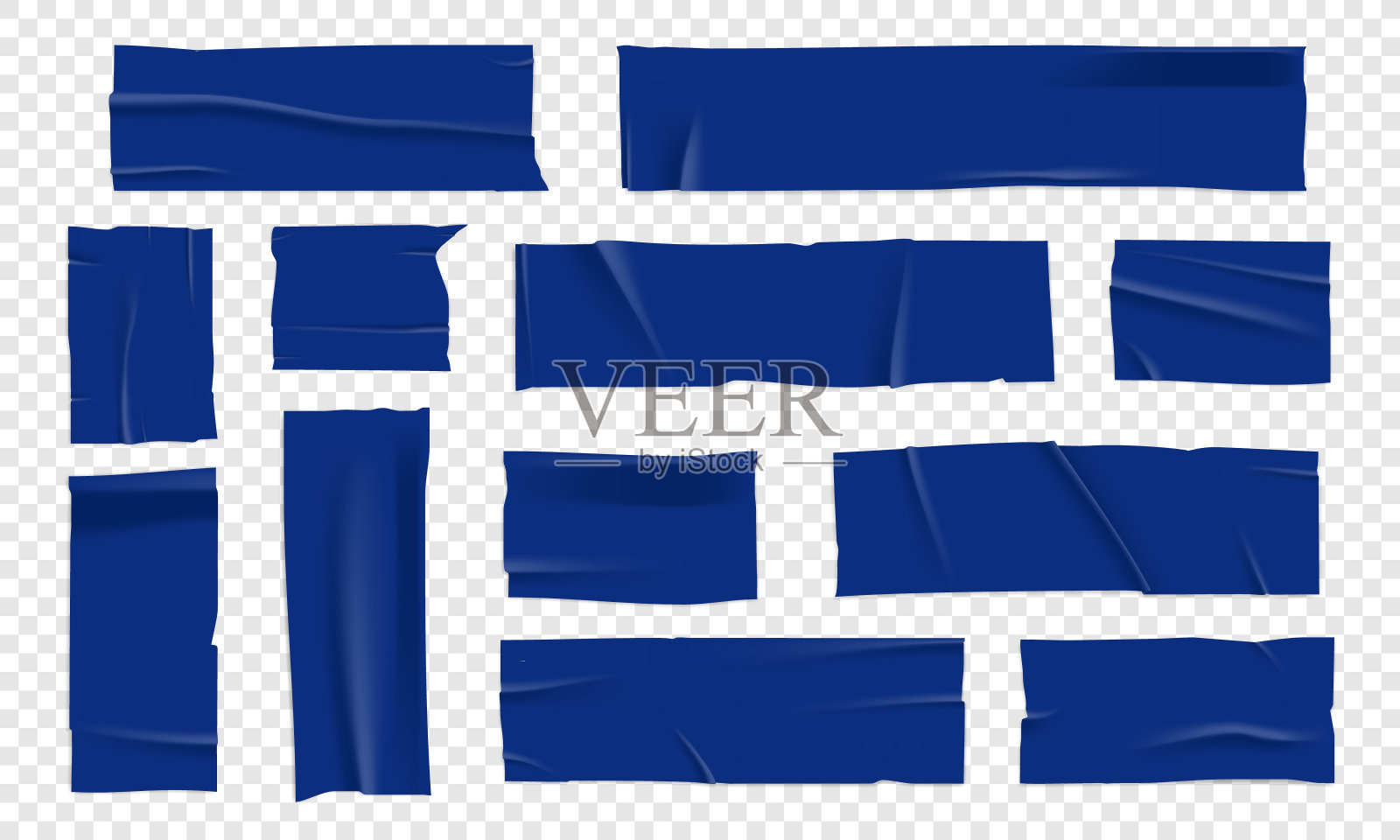 矢量集三维现实的蓝色胶带。透明背景上被隔离的胶带碎片。PNG管道胶带。插画图片素材