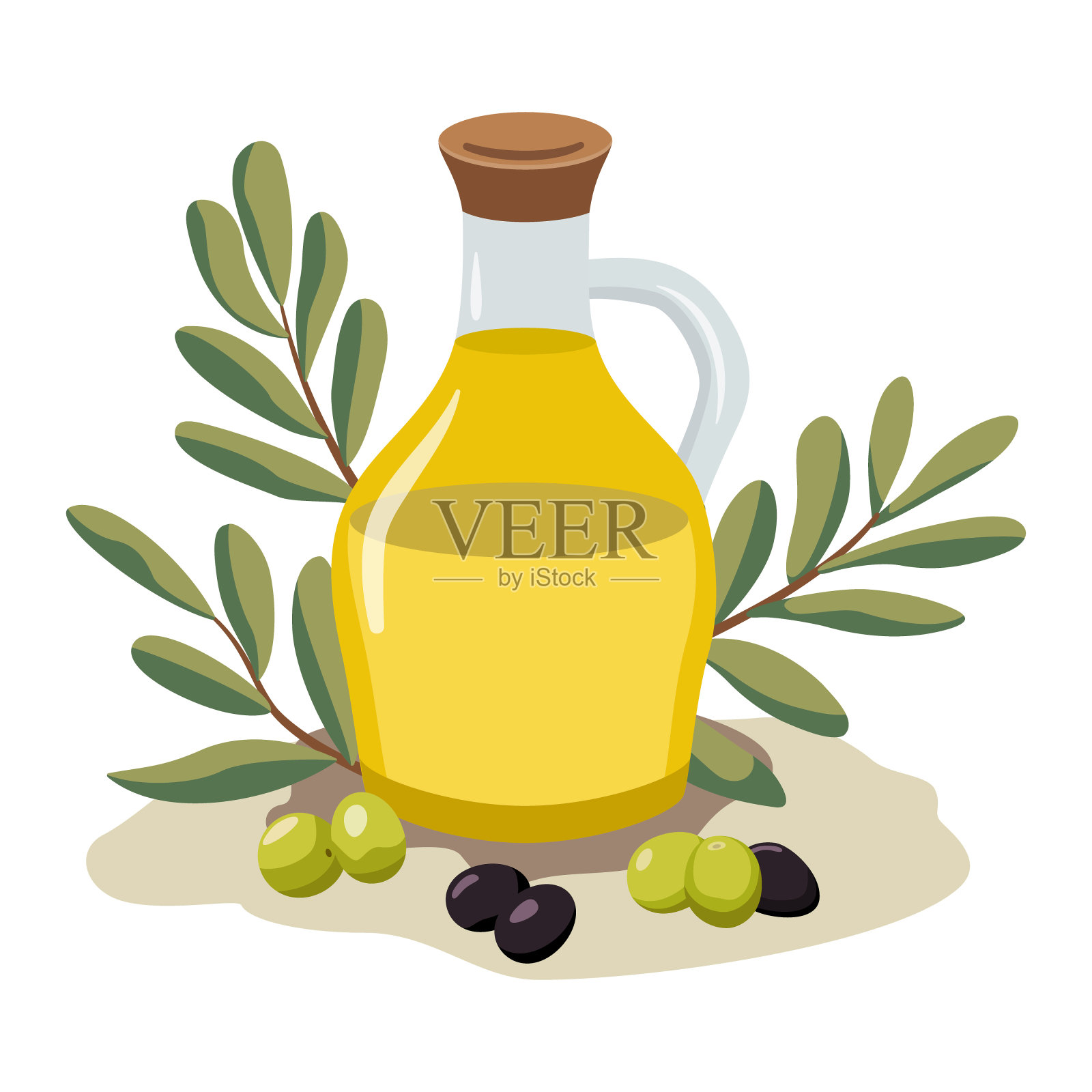 矢量玻璃瓶罐橄榄油和橄榄与树叶。插画图片素材