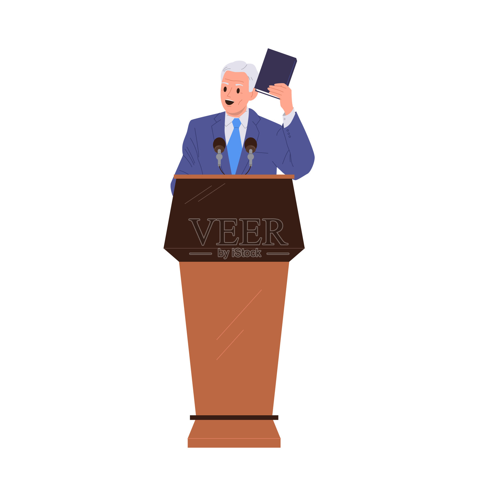 政治家、部长或总统卡通人物在讲台上发表演讲插画图片素材