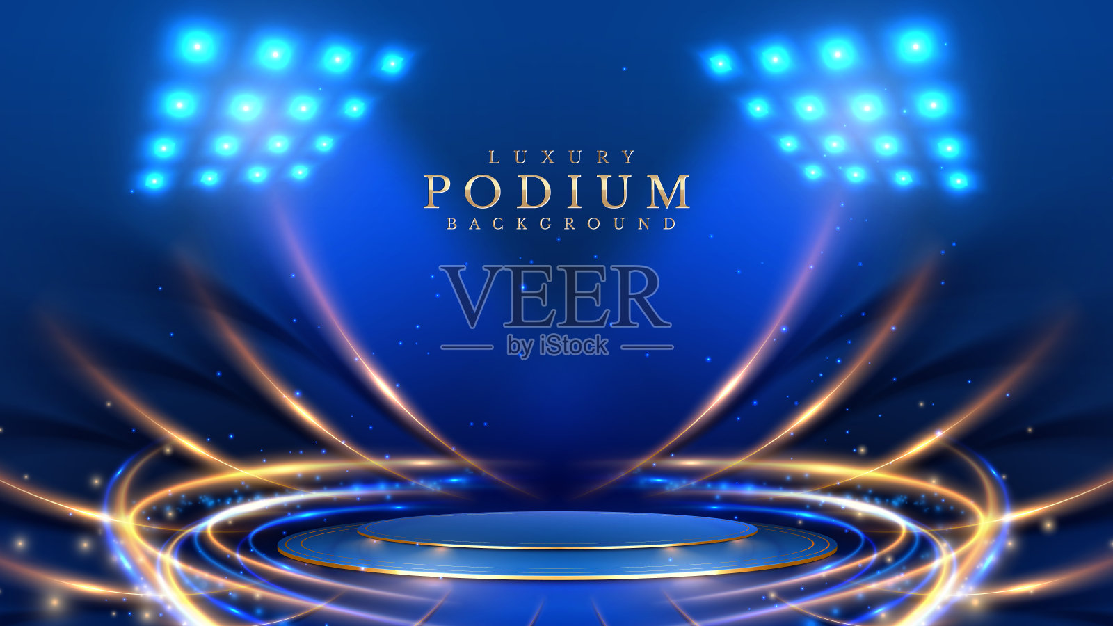 空讲台金色在蓝色背景与聚光灯霓虹灯效果与散景装饰。奢华场景设计理念。矢量插图。插画图片素材