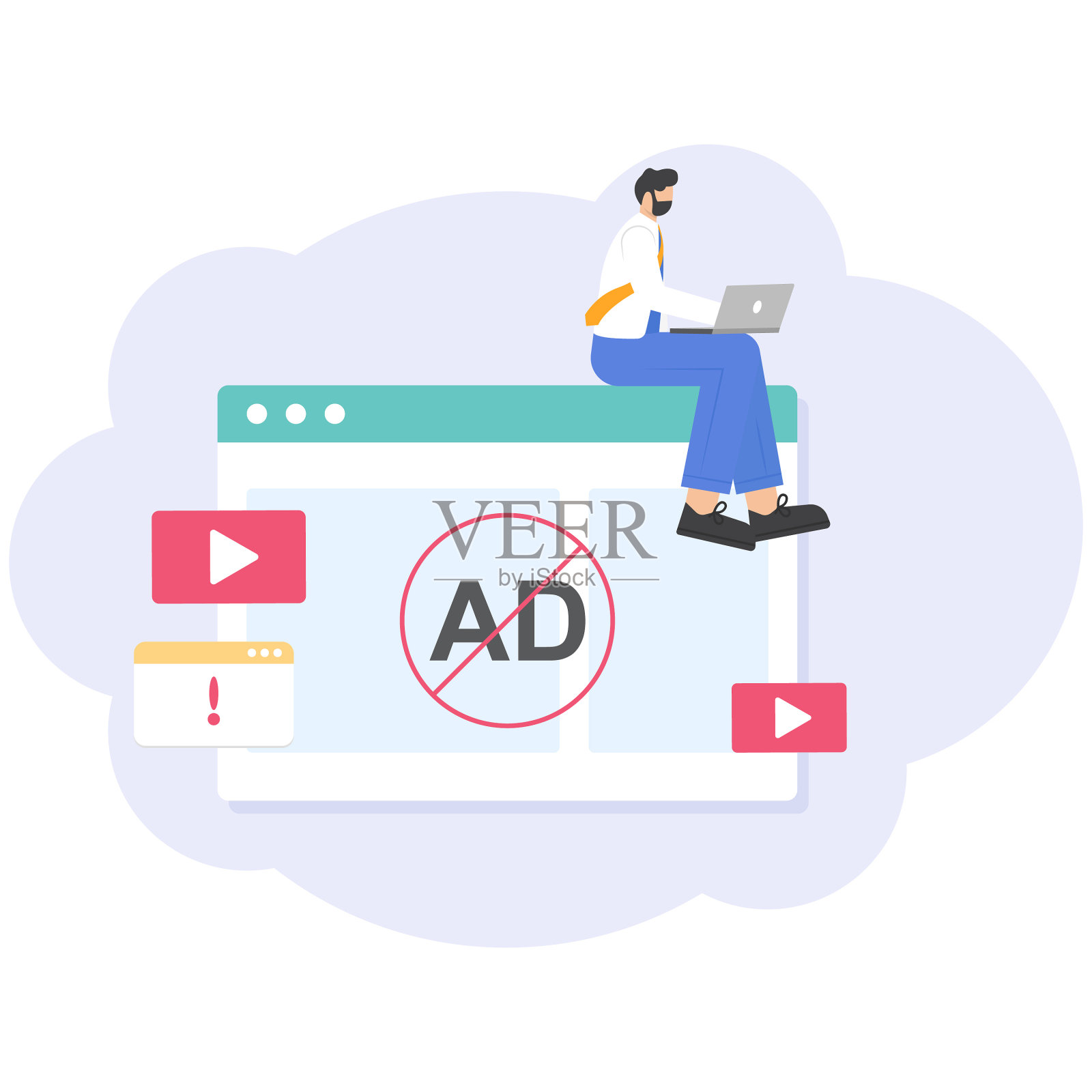 anti-advertising。用户使用笔记本电脑上的浏览器应用程序浏览虚拟世界。安全应用程序或保护软件从烦人的弹出。观看。概念插画设计插画图片素材