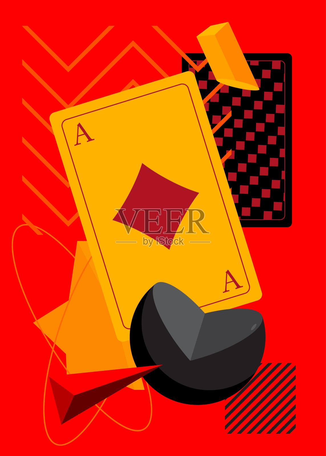 扑克牌与几何图形复古主题背景。最小几何元素。复古抽象形状矢量插图。插画图片素材