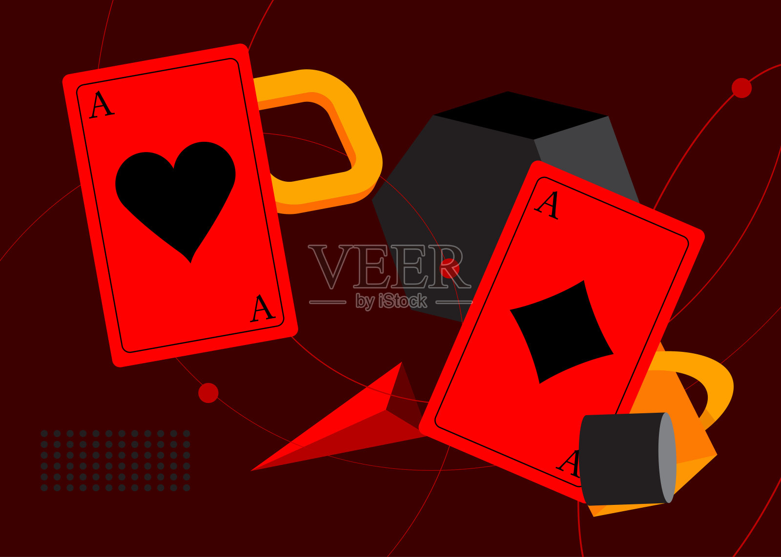 扑克牌与几何图形复古主题背景。最小几何元素。复古抽象形状矢量插图。插画图片素材