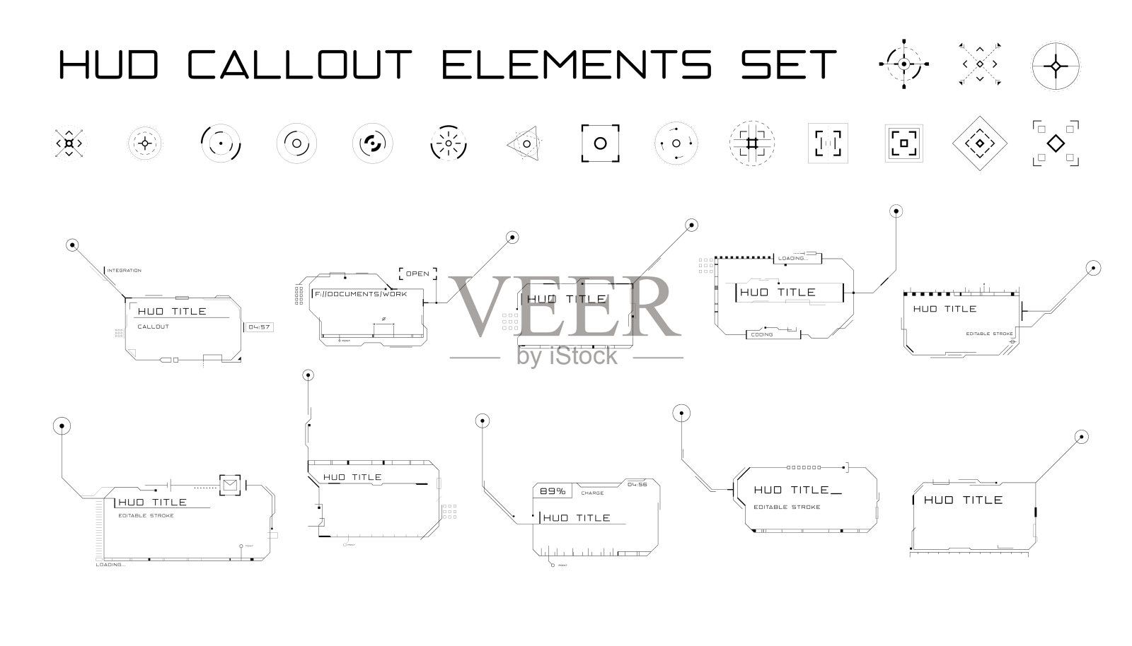 HUD样式的一组标注标题和目标。插画图片素材