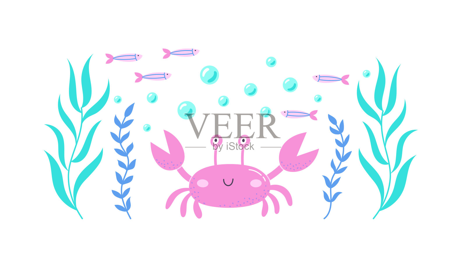 有趣的蟹在藻类和气泡周围插画图片素材