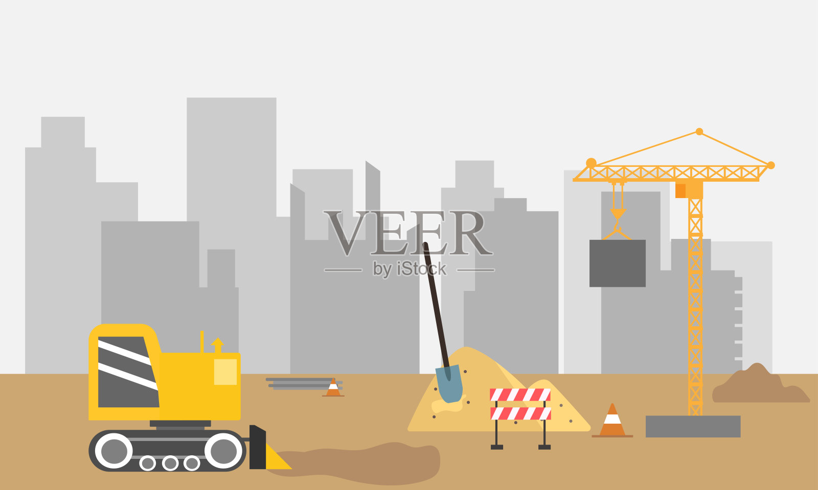 重型建筑机械正在工地上工作。插画图片素材