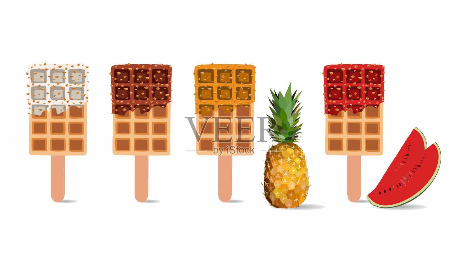 甜食矢量集插图金棕色自制的方形玉米狗或热狗华夫饼在一个棍子上的各种口味的装饰和西瓜，菠萝，白和黑巧克力。插画图片素材