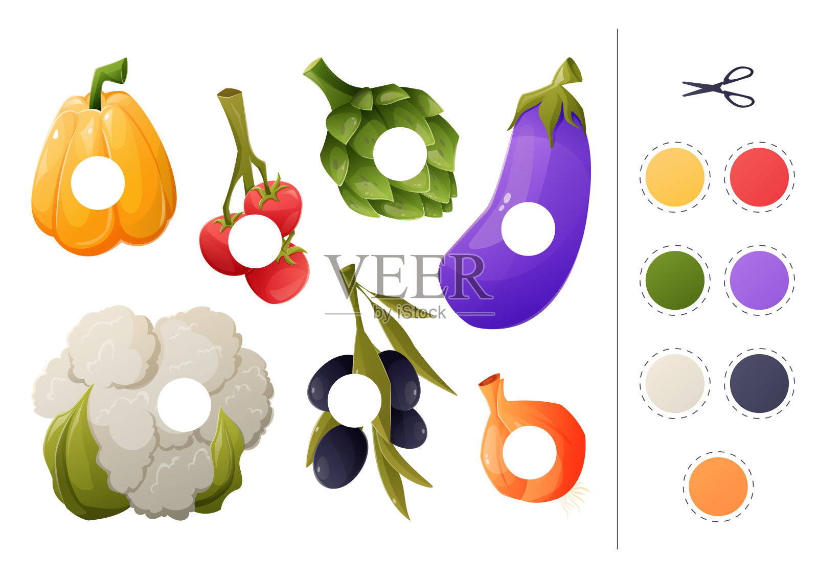 益智儿童补丁游戏。学习基本颜色，裁剪和粘贴贴花，活动页面。一套孤立的卡通蔬菜。插画图片素材