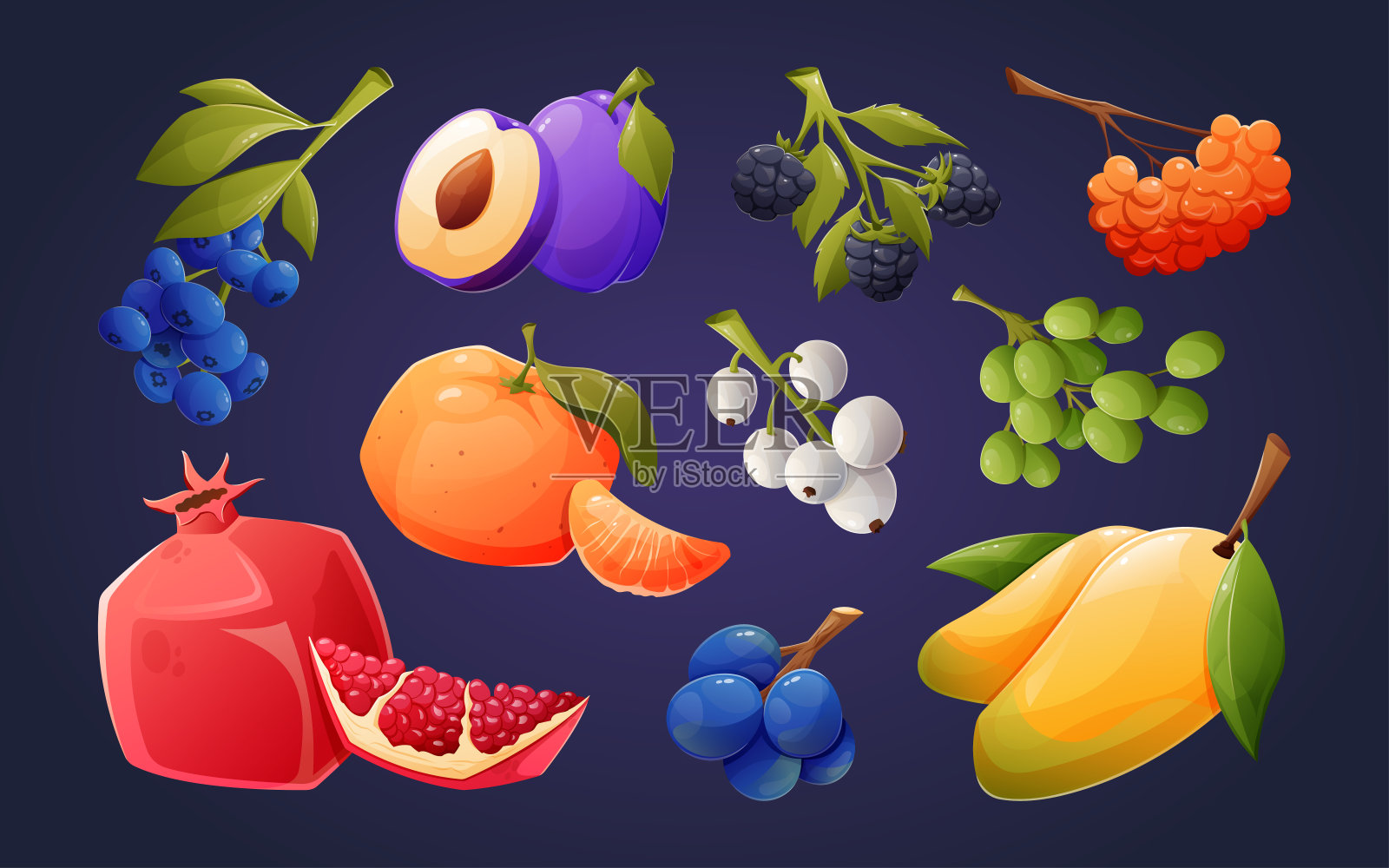 一套明亮的新鲜水果和浆果。收集矢量孤立的卡通插图。插画图片素材