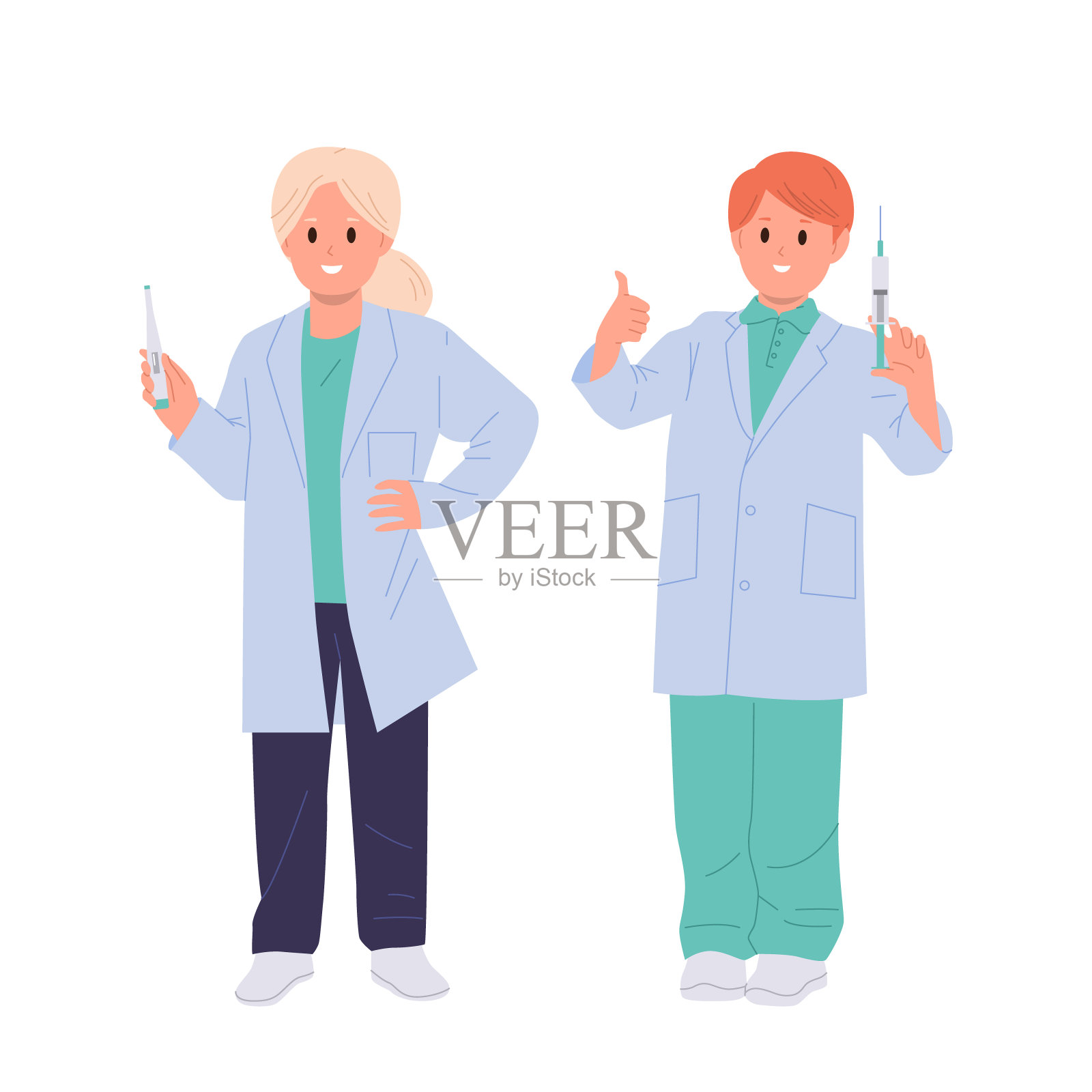 快乐微笑的男孩和女孩医生卡通人物与医疗工具孤立站在白色插画图片素材