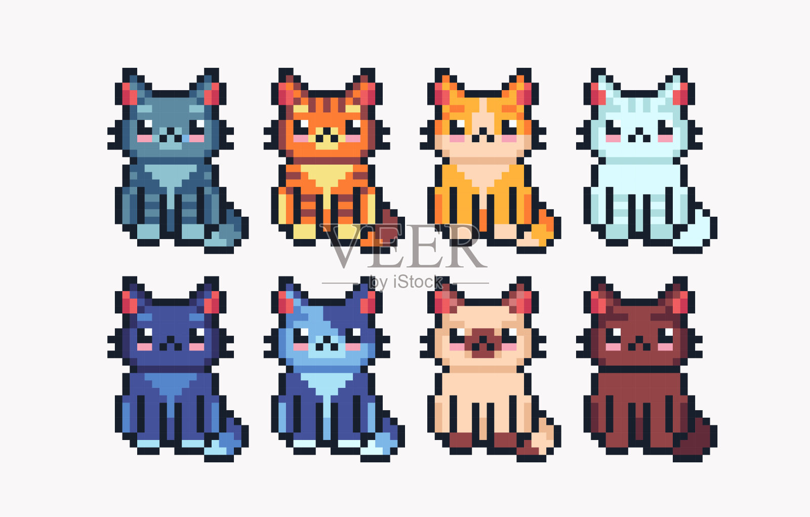 不同颜色的猫像素艺术图标集。Kitty品种标志收集。插画图片素材