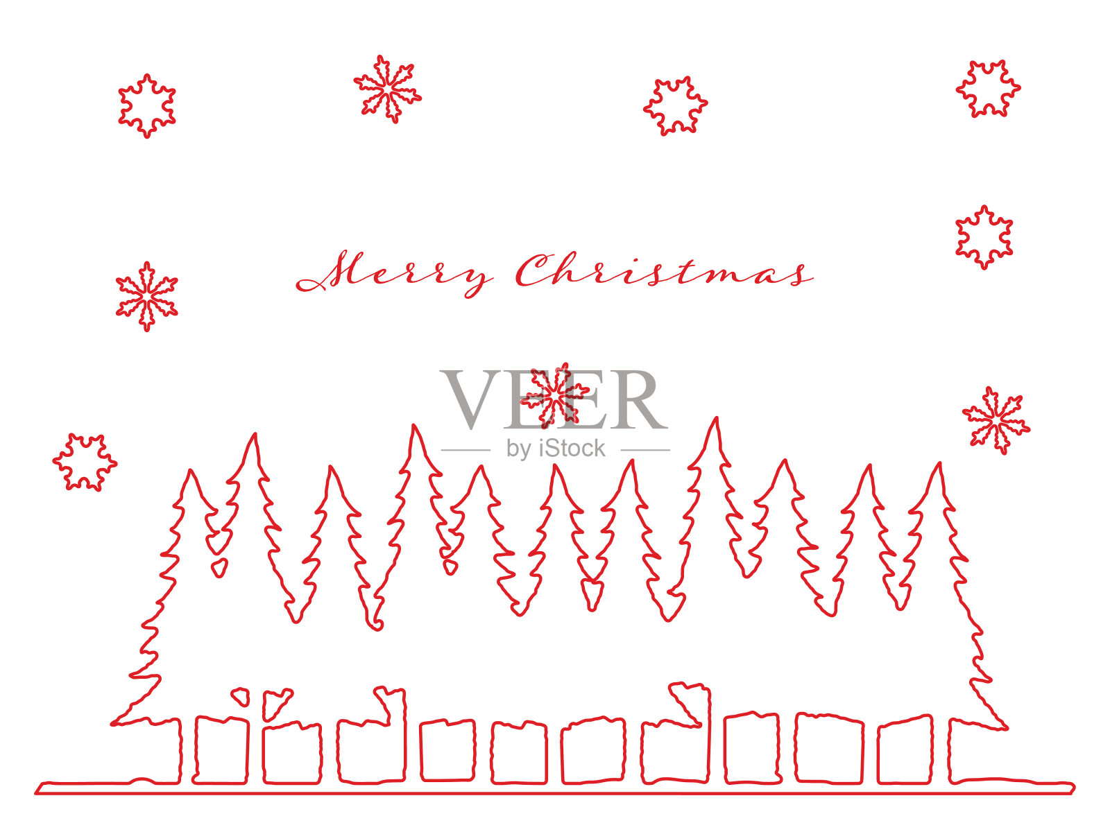 圣诞插图的杉树森林与飘落的雪。可编辑一笔线条艺术框架，背景材料。抽象背景设计。插画图片素材