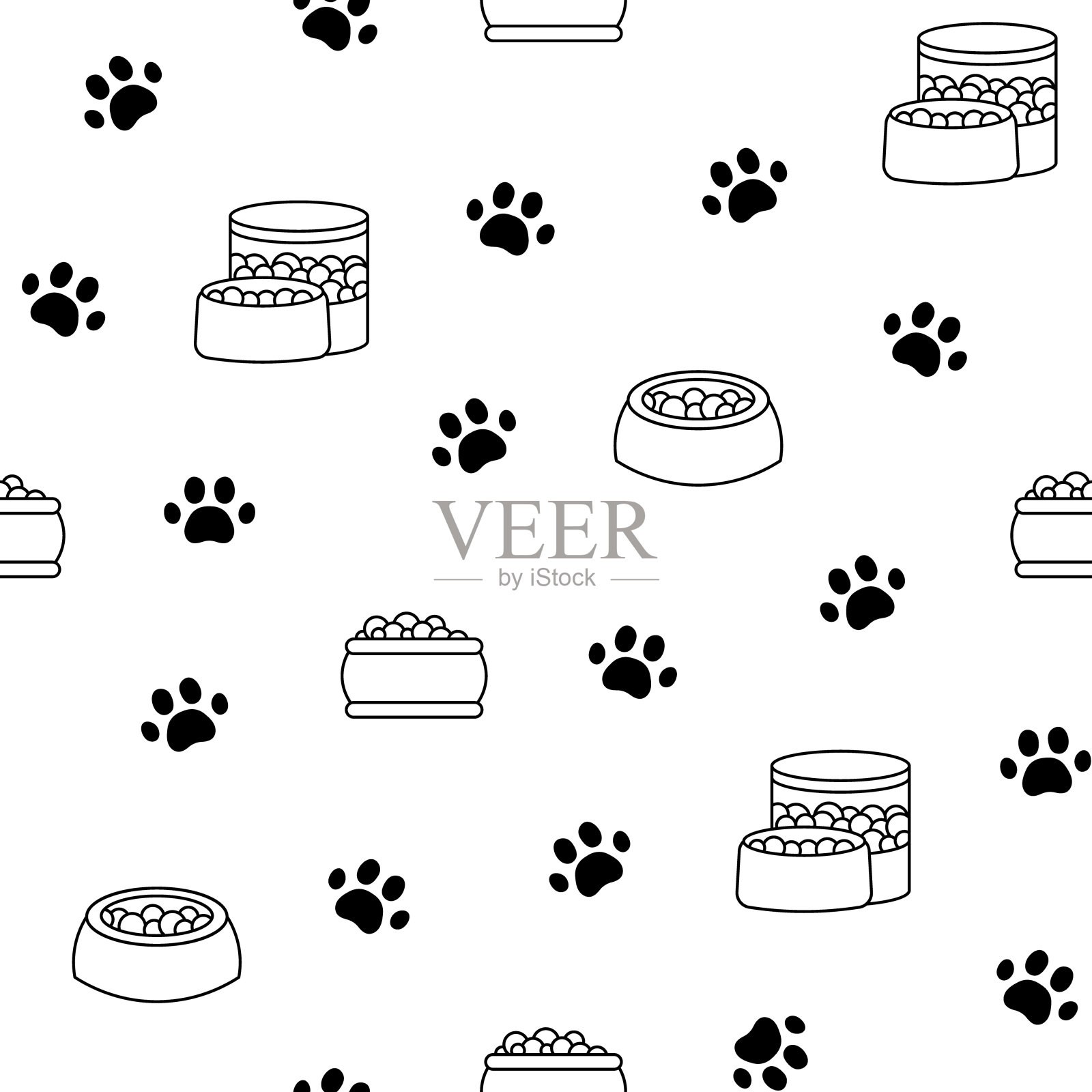 猫狗碗。无缝模式。着色页面。宠物食品。兽医店的商品。手绘风格。矢量图。设计的饰品。插画图片素材